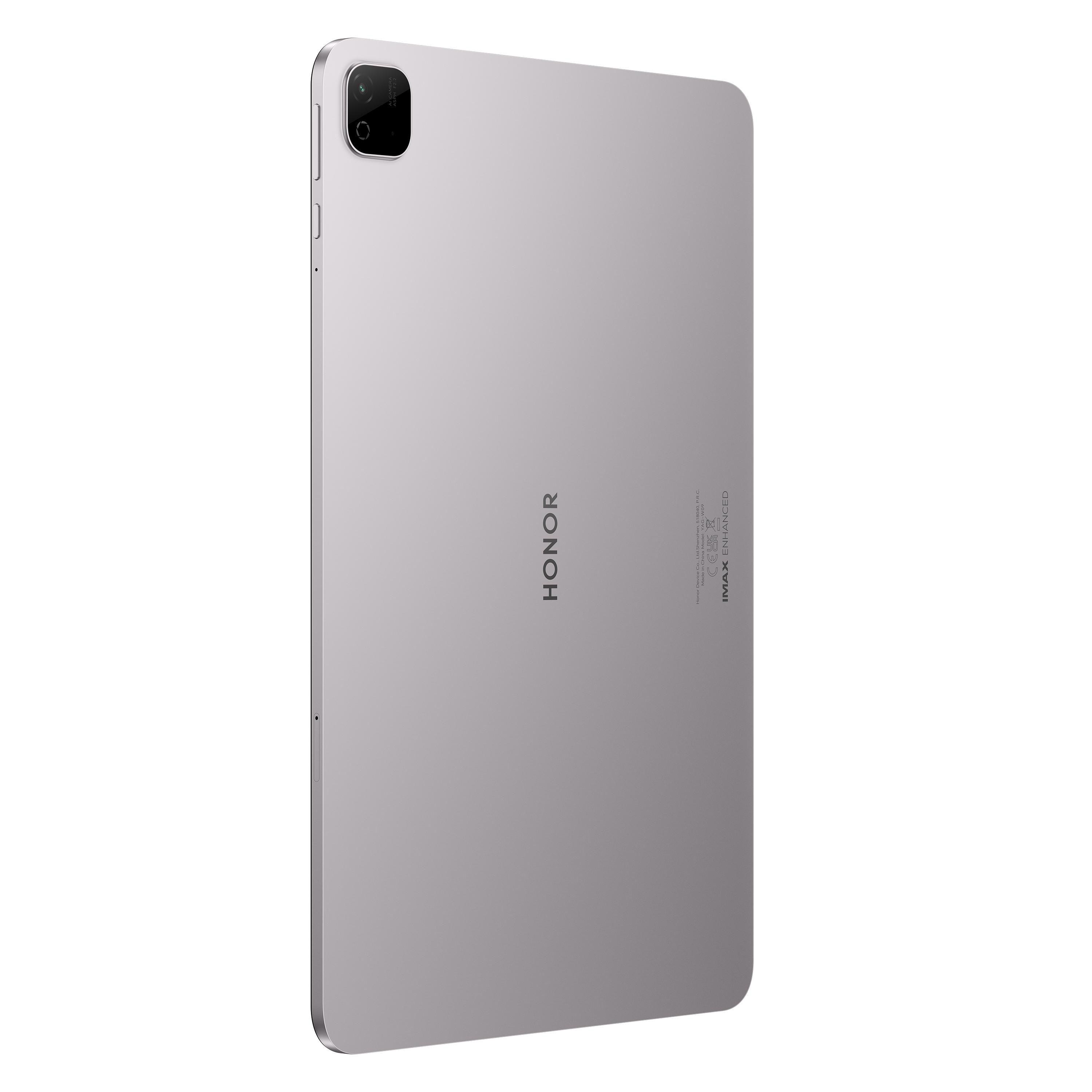 Rückseite eines silbernen Honor-Tablets mit Kamera oben links und zentriertem Markenlogo auf weißem Hintergrund.