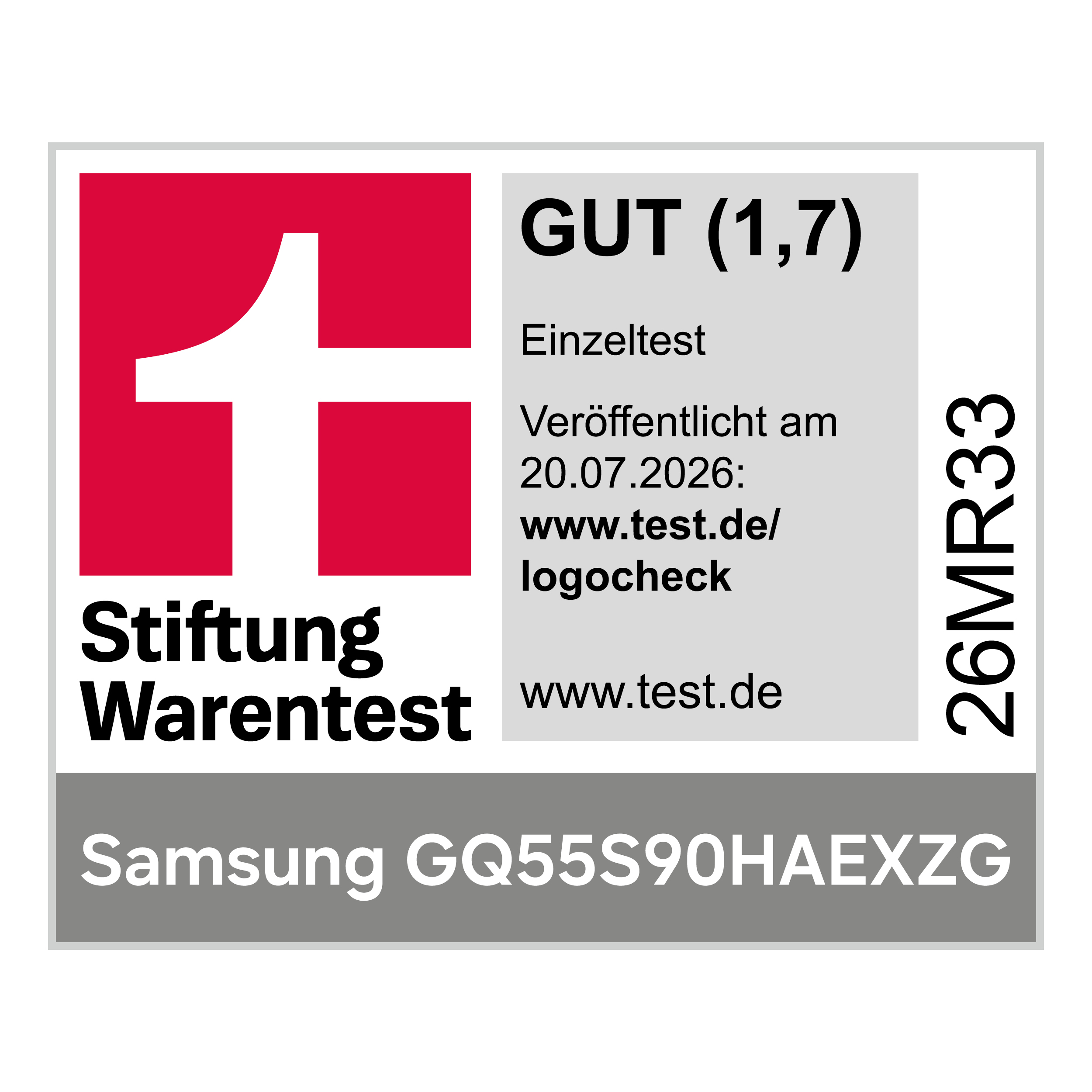 Stiftung Warentest Siegel Gut (1,7) für Samsung GQ55S90HAEXZG.