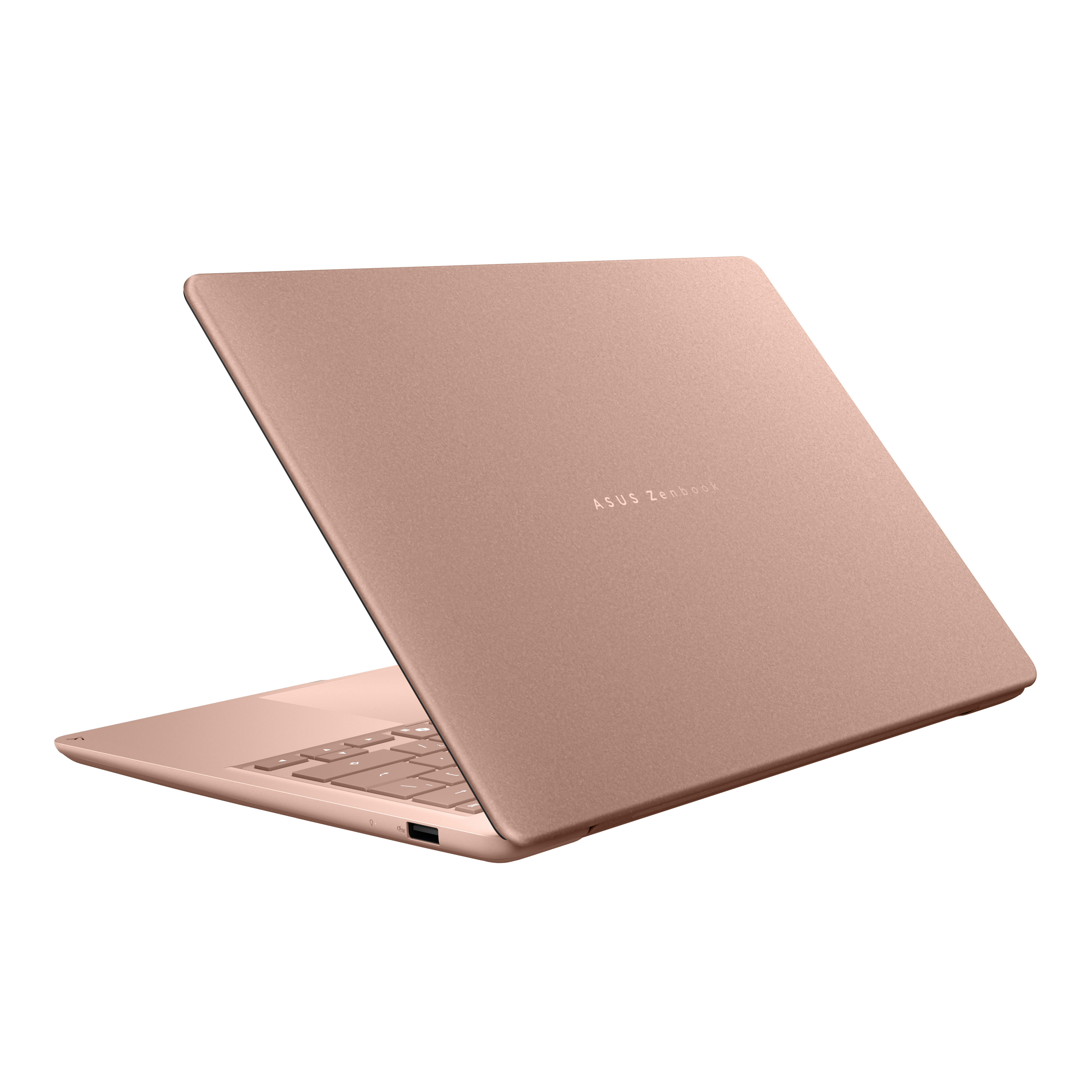 Ein roségoldener ASUS Zenbook Laptop steht offen auf schwarzem Hintergrund, mit sichtbarer Tastatur und Logo.
