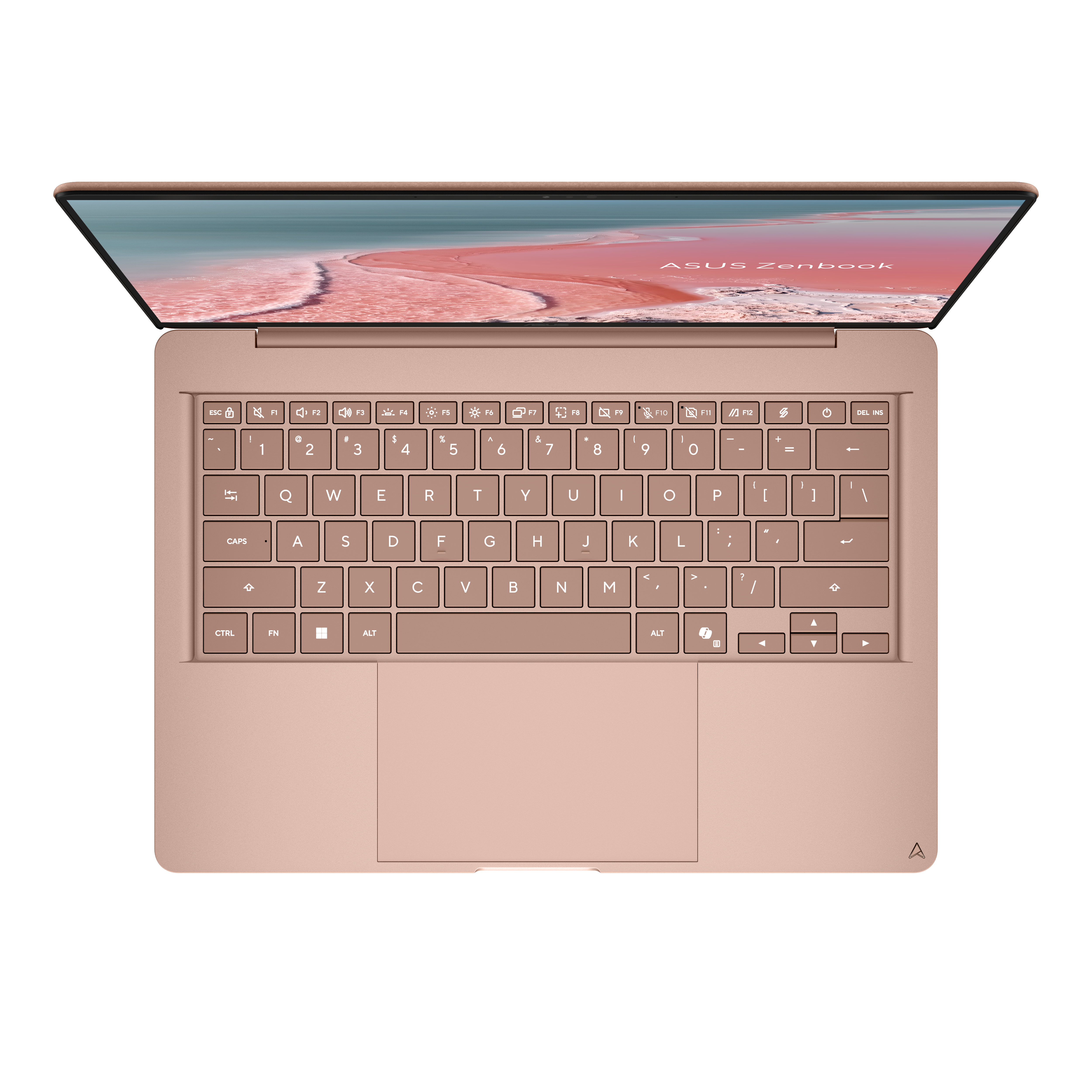 Ansicht von oben auf ein roségoldenes Asus ZenBook-Laptop mit rosa Landschaft auf dem Bildschirm.