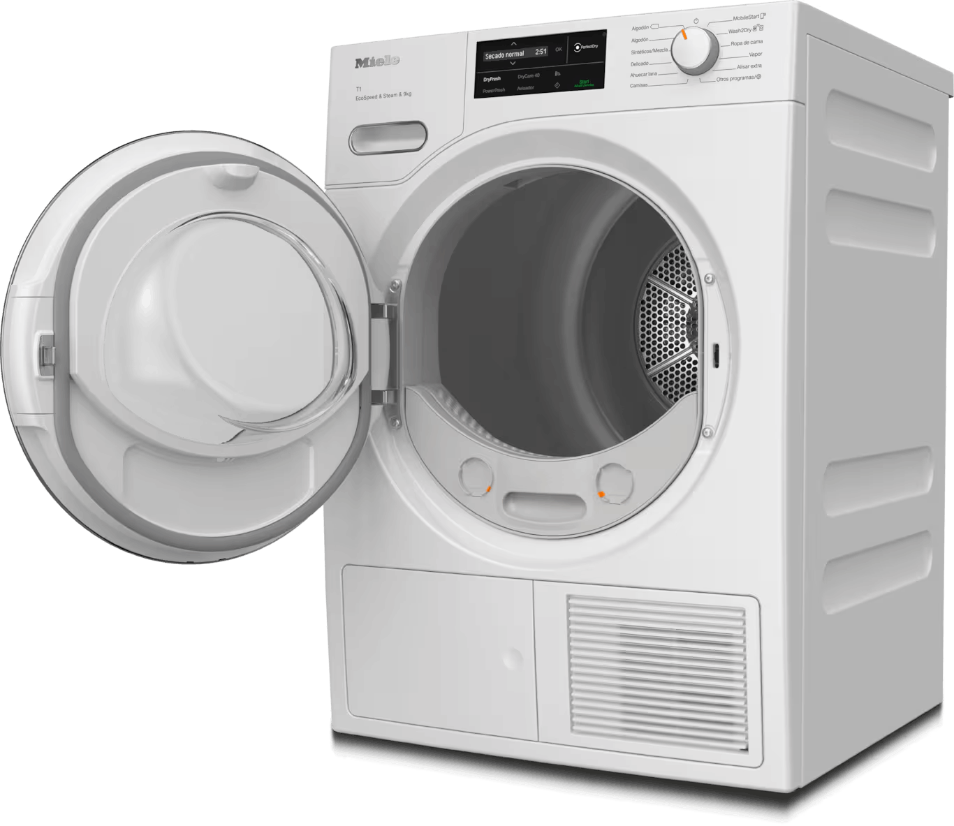 Una secadora blanca Miele con la puerta del tambor abierta, pantalla digital y mando giratorio sobre fondo negro.