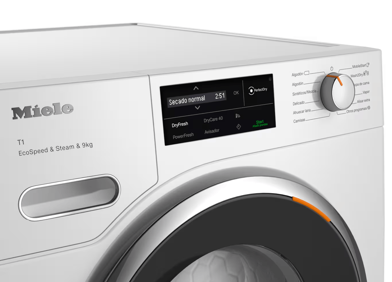 Primer plano del panel de control de una secadora blanca Miele T1 con pantalla digital y mando.