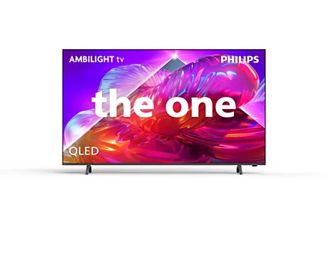 Philips Ambilight QLED TV mit dem Text "the one" auf dem bunten Bildschirm vor weißem Hintergrund.