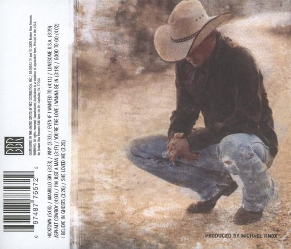 Ein Cowboy in Hut, dunklem Hemd und Jeans kauert auf sandigem Boden, mit Trackliste links.