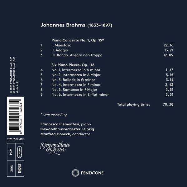 Rückseite einer Johannes-Brahms-CD mit Tracklist, Strichcode und Künstlerdetails auf dunklem Grund.