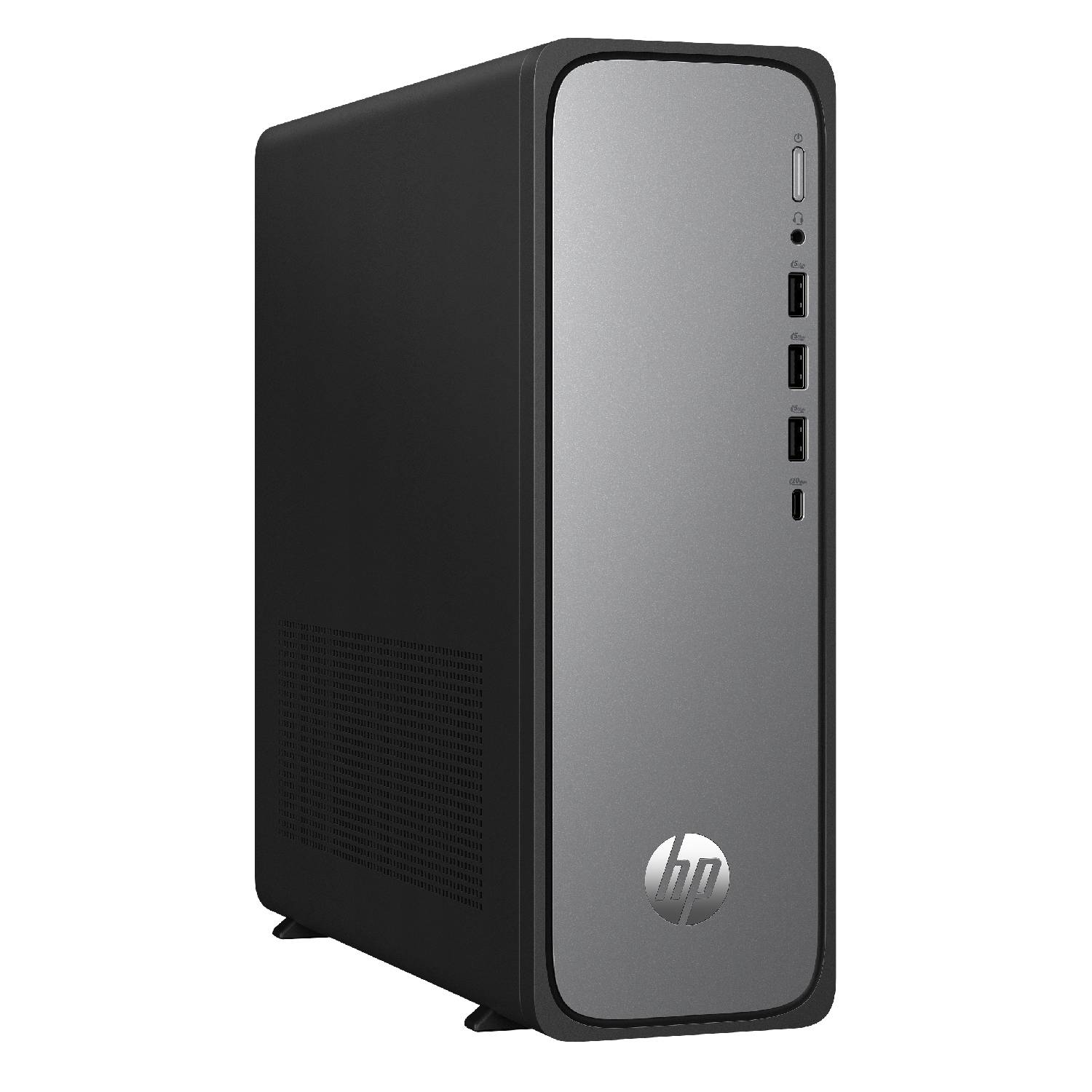 Una torre de computadora de escritorio HP negra con panel frontal plateado, puertos USB y botón de encendido.