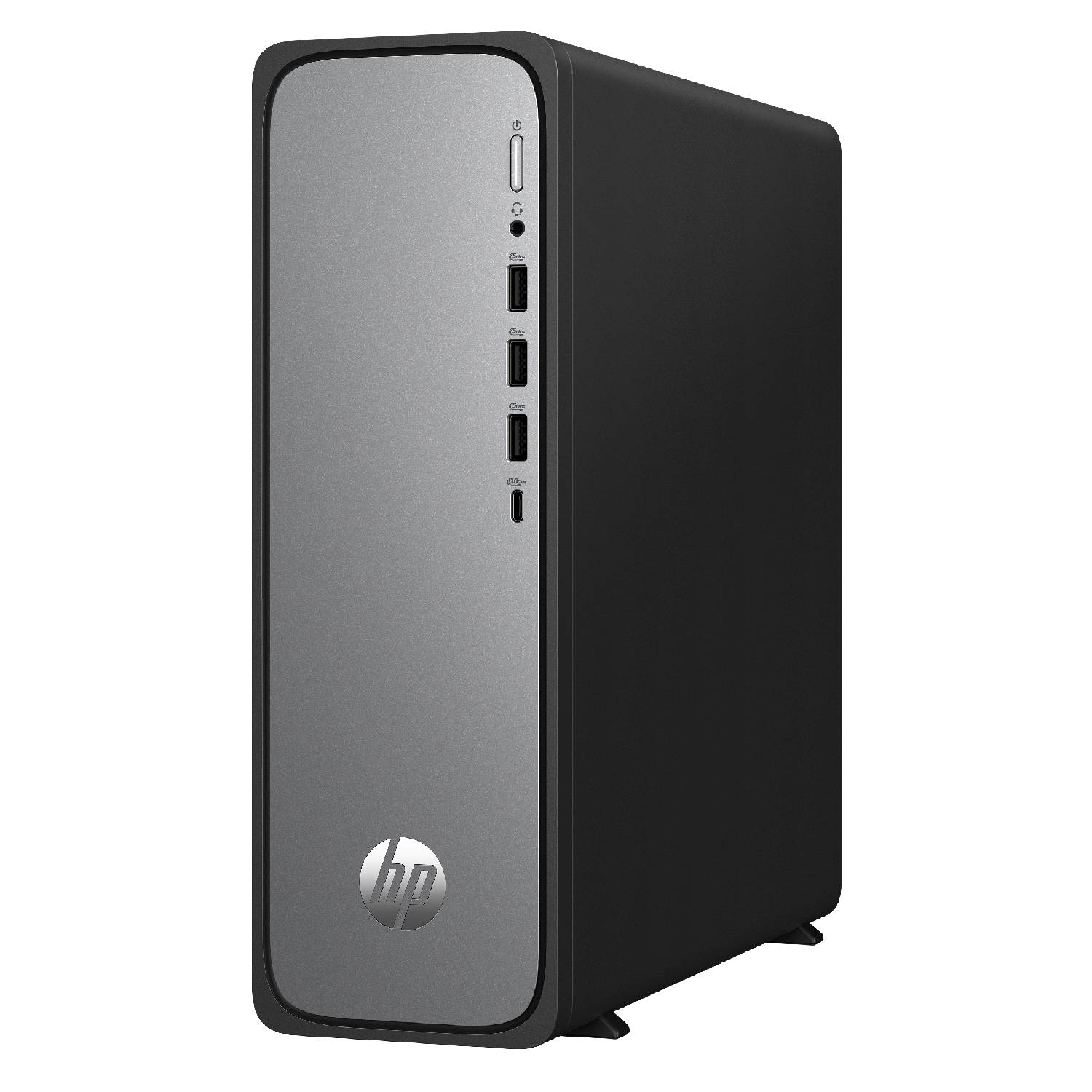 Un PC de sobremesa HP negro con panel frontal plateado, puertos USB y el logotipo de HP.