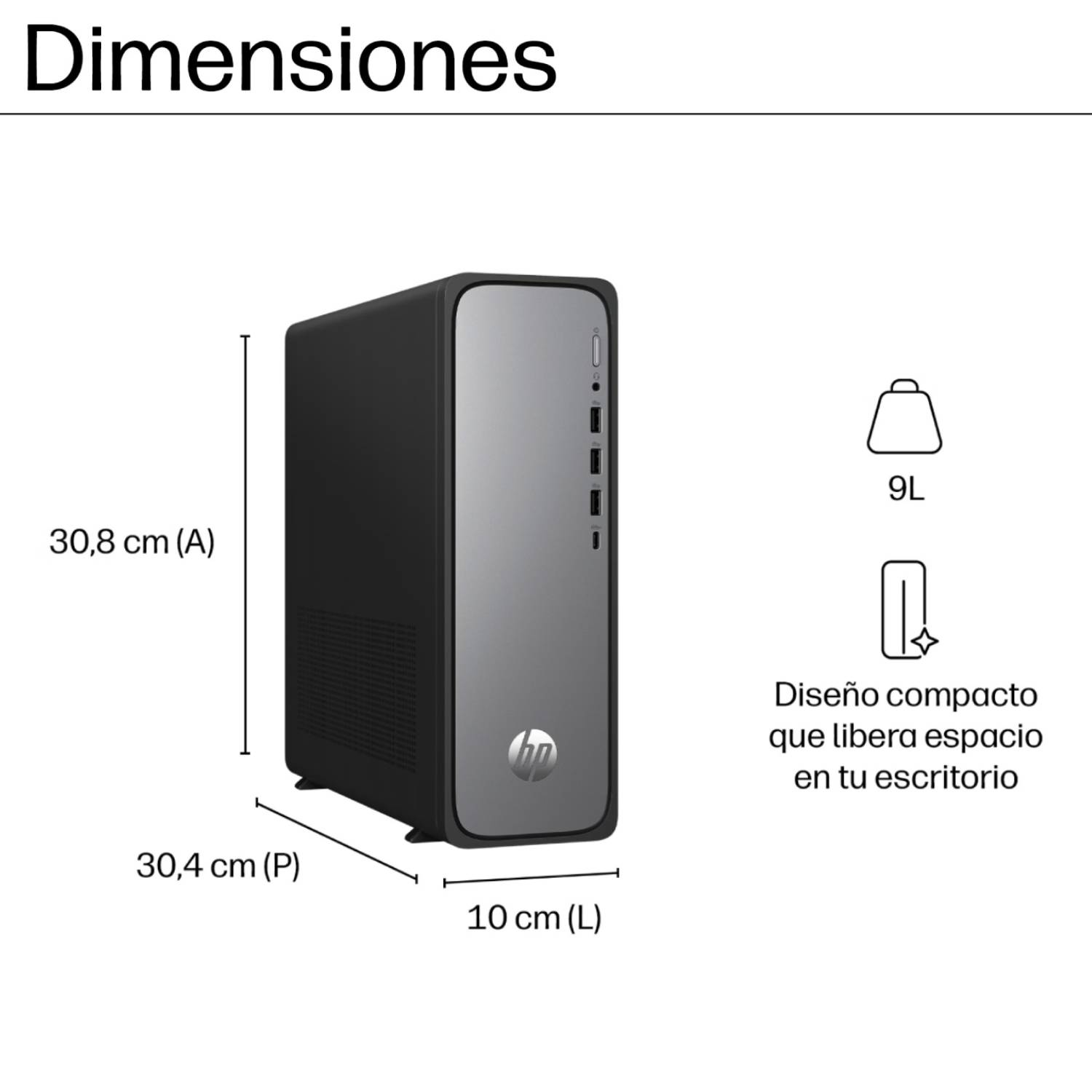 Diagrama que muestra las dimensiones de una PC de escritorio HP negra, de 30.8 cm de alto.