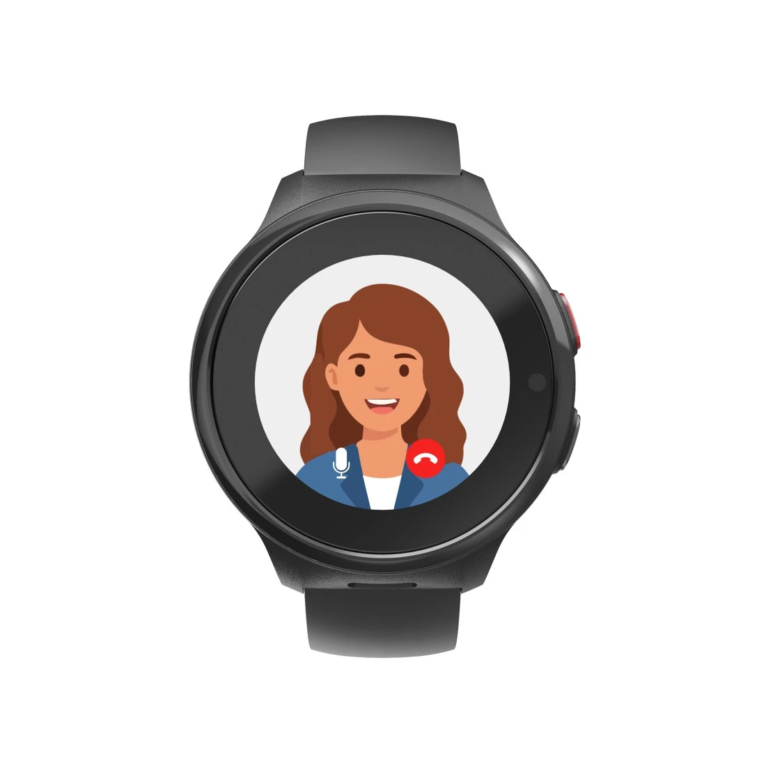 Czarny smartwatch z ilustracją połączenia wideo z kobietą na okrągłym ekranie.