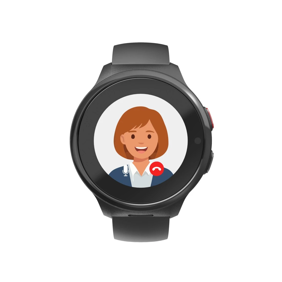 Czarny smartwatch wyświetla na okrągłym ekranie postać rysunkowej kobiety podczas rozmowy wideo.