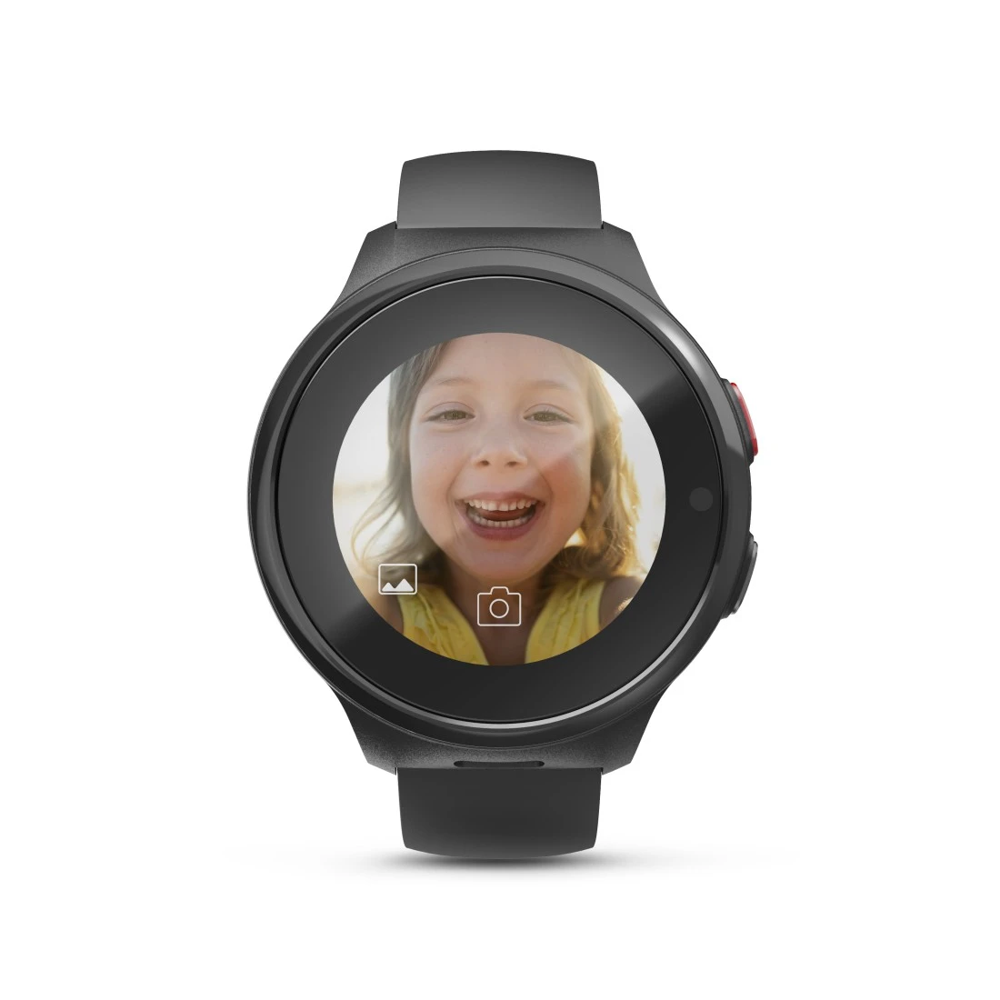 Czarny smartwatch z okrągłym ekranem przedstawiającym uśmiechnięte dziecko.