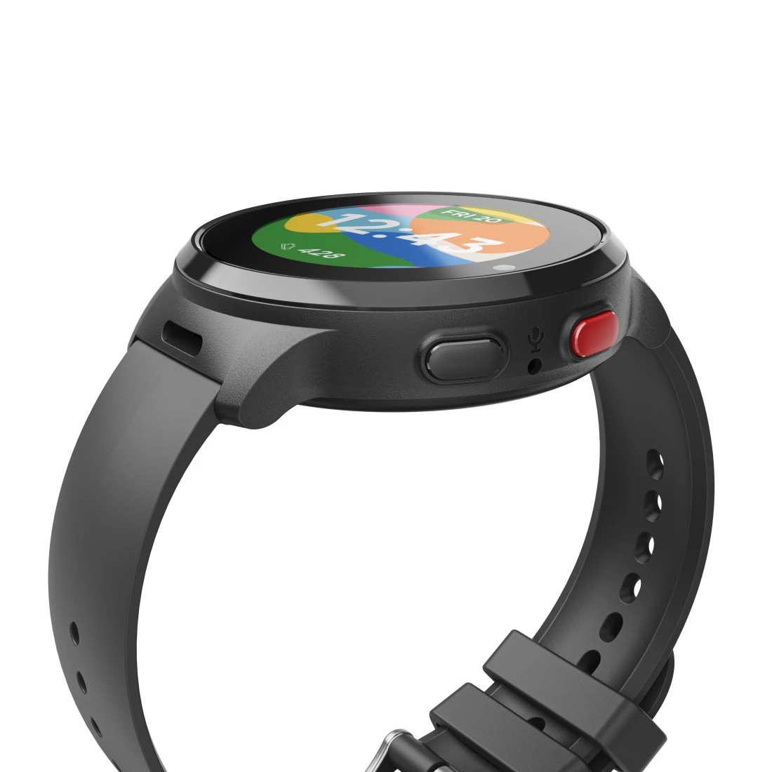 Czarny smartwatch z okrągłym ekranem, kolorową tarczą, czarnym silikonowym paskiem i dwoma przyciskami z boku.