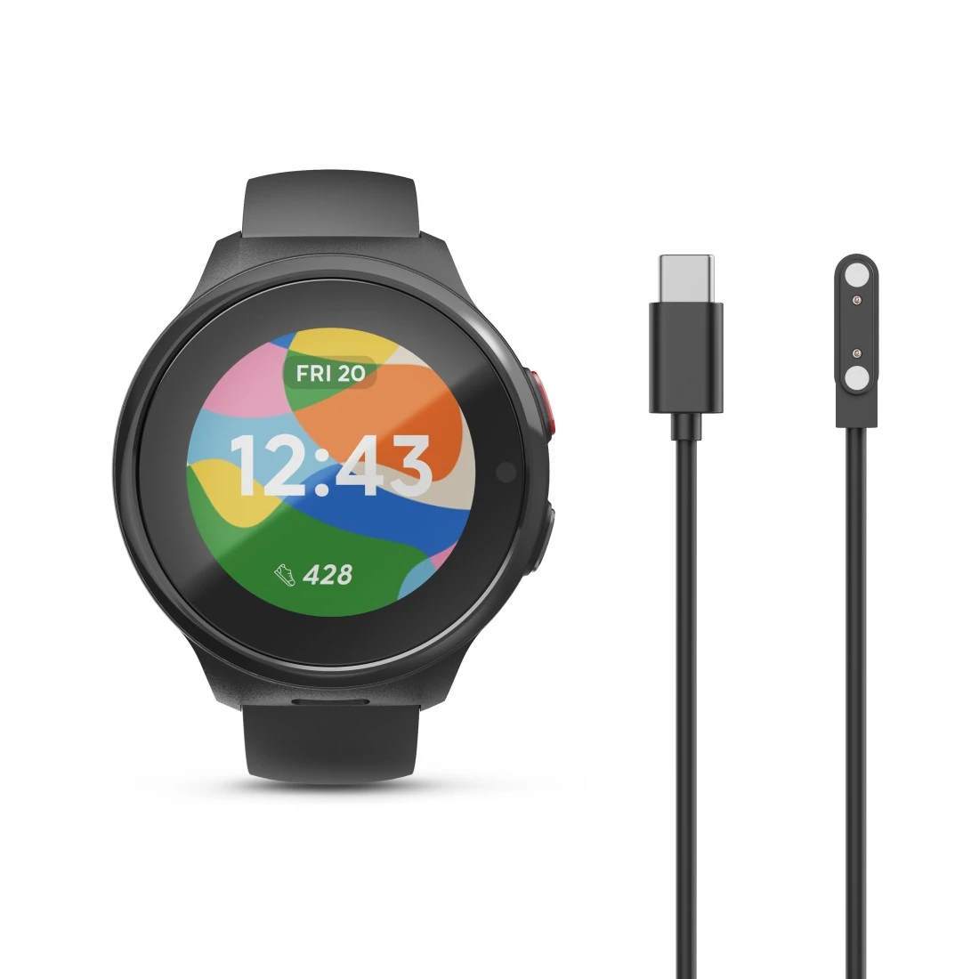 Czarny smartwatch z kolorowym wyświetlaczem i kablem ładującym na białym tle.