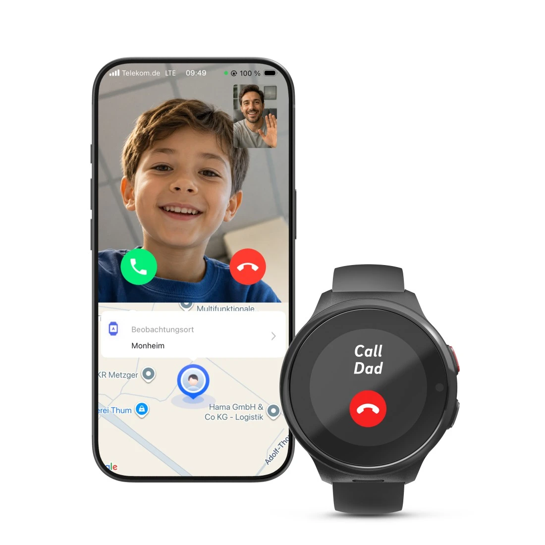 Smartfon z połączeniem wideo chłopca i smartwatch z napisem Call Dad.