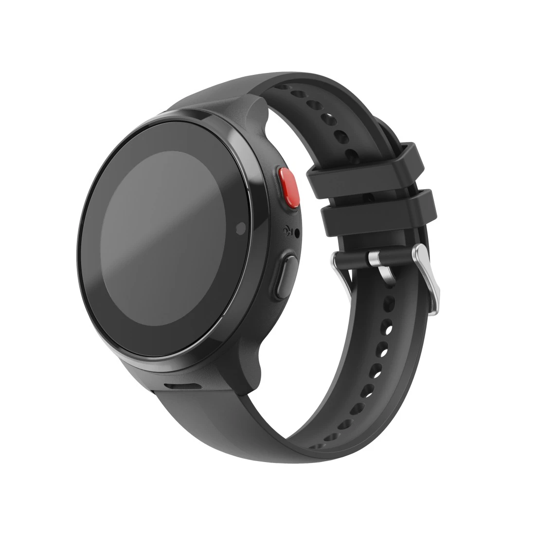 Czarny smartwatch z okrągłym ekranem, czerwonym przyciskiem i perforowanym paskiem silikonowym na białym tle.