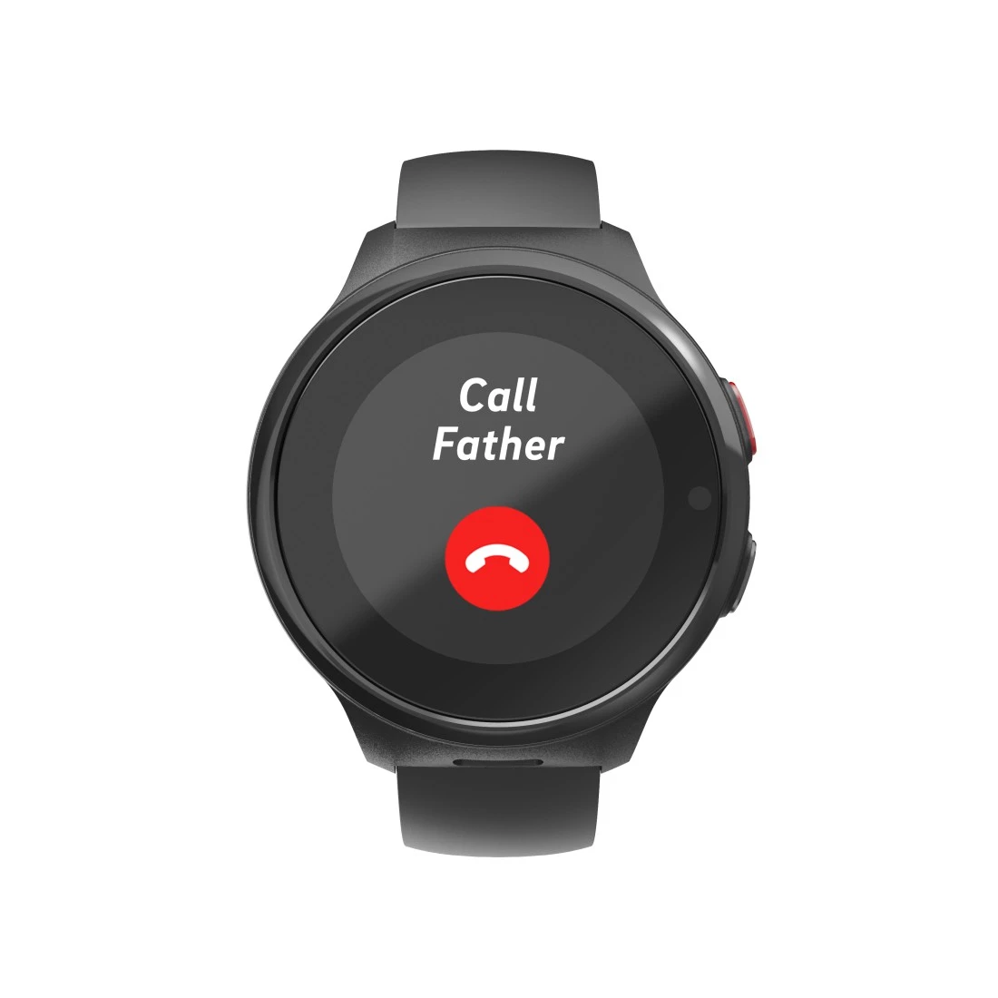 Czarny smartwatch wyświetla na ekranie tekst Call Father oraz czerwoną ikonę połączenia.