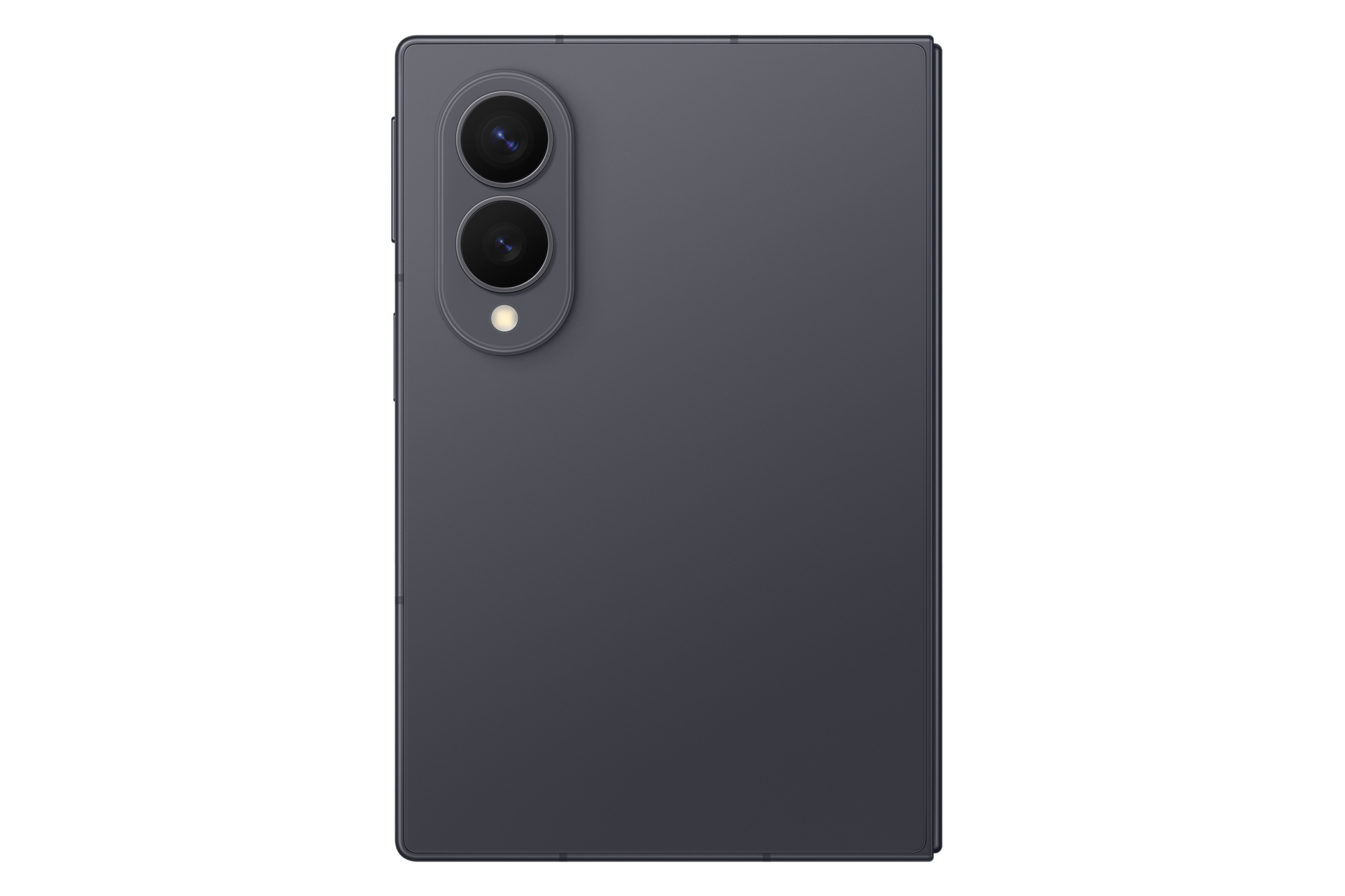Rückseite eines dunklen Smartphones mit vertikaler Dual-Kamera und Blitz auf schwarzem Hintergrund.