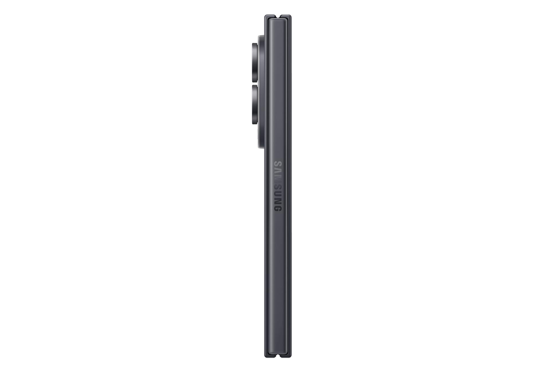 Seitenansicht eines geschlossenen grauen Samsung-Smartphones mit vertikalem Samsung-Logo auf schwarzem Hintergrund.