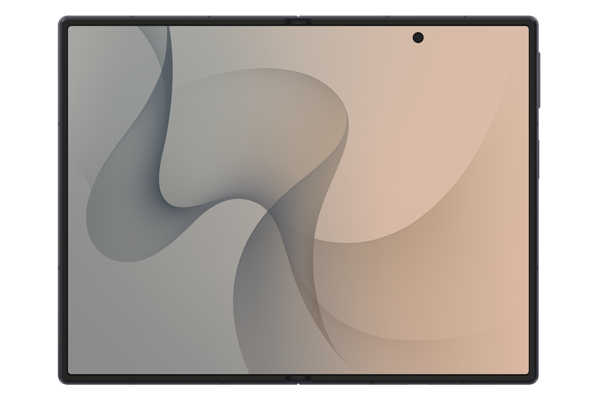 Ein Tablet mit einem wellenförmigen, grauen und beigen Hintergrund und einer Kamera oben rechts.