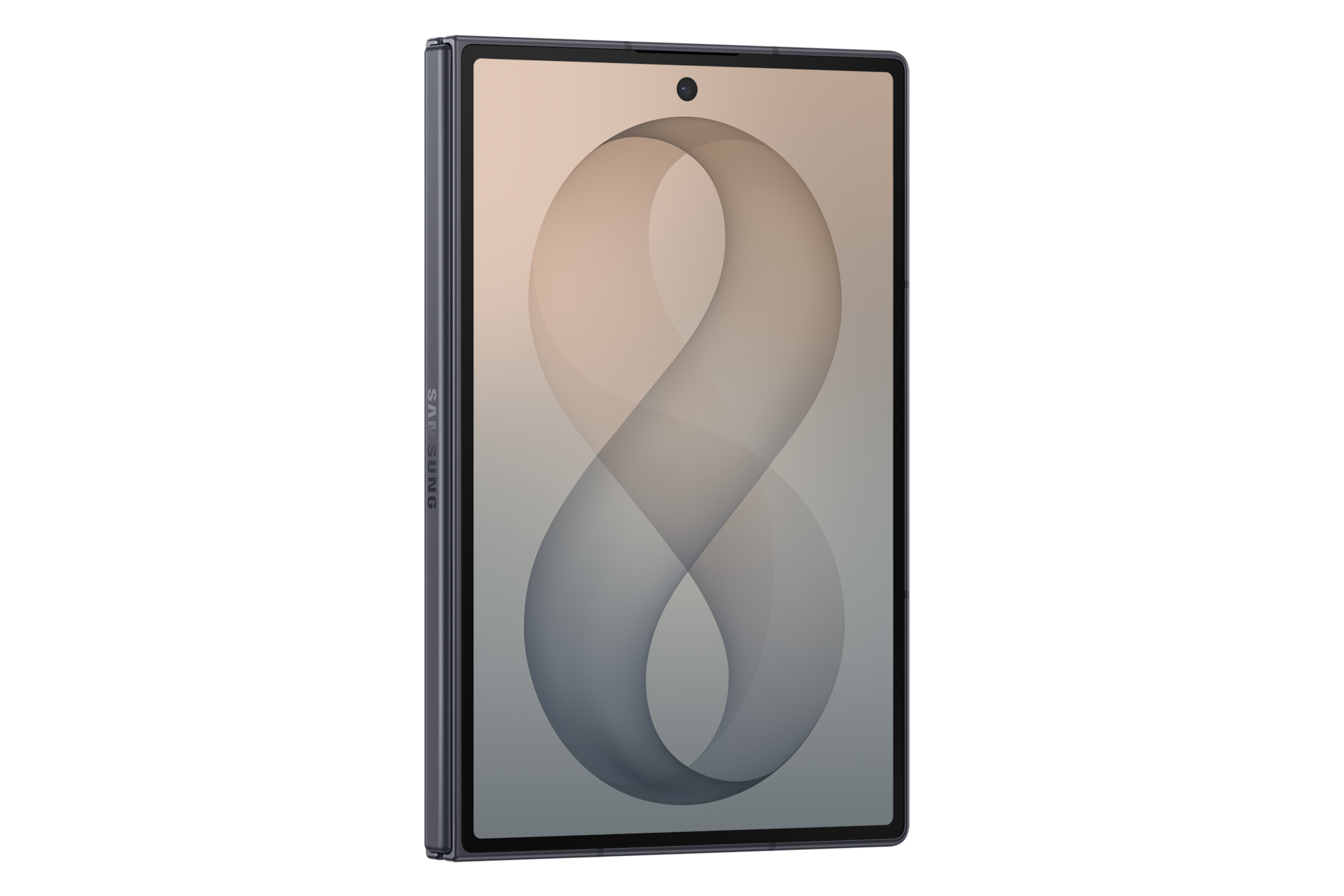 Ein faltbares Samsung-Smartphone auf schwarzem Hintergrund mit einer abstrakten Sanduhr-Grafik auf dem Bildschirm.