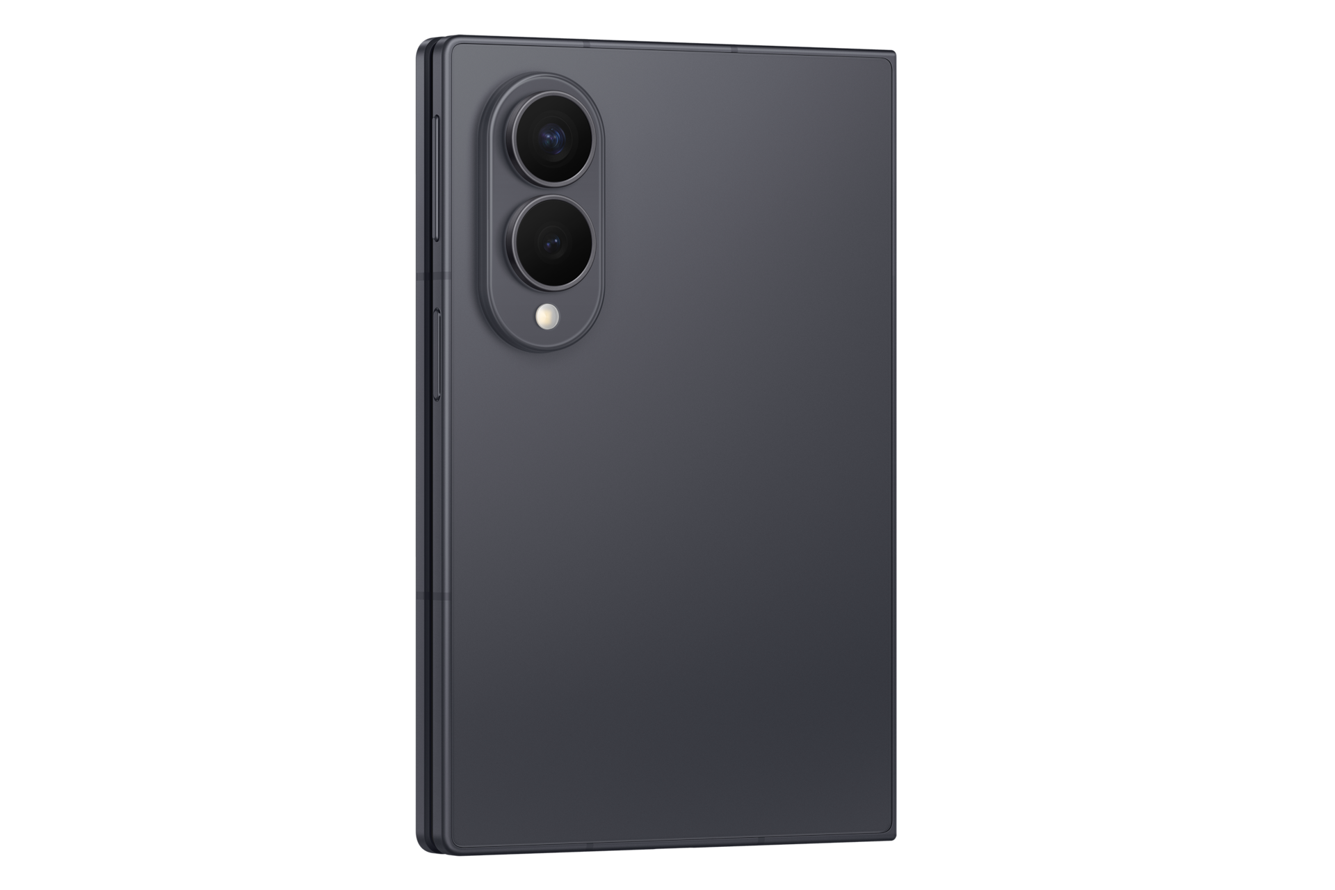 Rückseite eines dunklen Smartphones mit vertikalem Dual-Kameramodul und Blitz auf schwarzem Hintergrund.