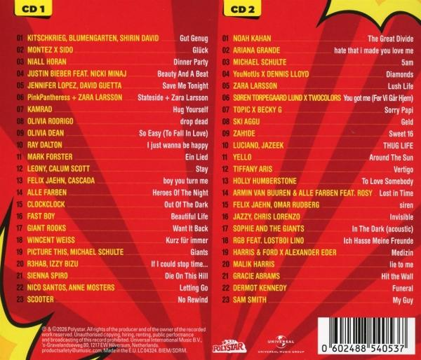 Rotes CD-Cover mit Titelliste, gelben Kopfzeilen für CD 1 und CD 2, verschiedenen Songs und Künstlern auf Sonnenstrahl-Design.