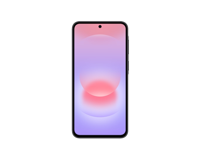 Ein schwarzes Smartphone mit pink-lila Farbverlauf auf dem Display vor weißem Hintergrund.