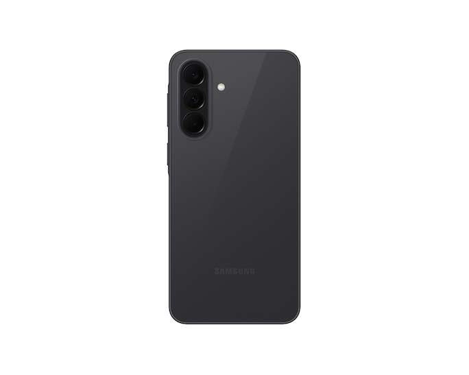 Rückseite eines dunkelgrauen Samsung Smartphones mit vertikaler Dreifachkamera und Blitz auf weißem Hintergrund.