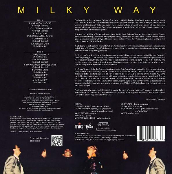 Rückseite des Albums Milky Way mit Tracklist, Texten und fünf Musikern im Vordergrund.