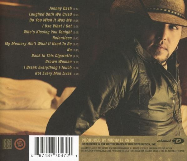 CD-Rückseite mit Songtitel-Liste, einem Mann mit Hut und dunkler Jacke sowie einem Barcode unten.