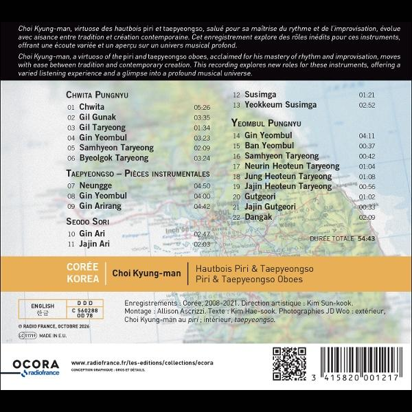 Rückseite einer CD-Hülle mit Titelliste und Kartenhintergrund für koreanische Oboenmusik.