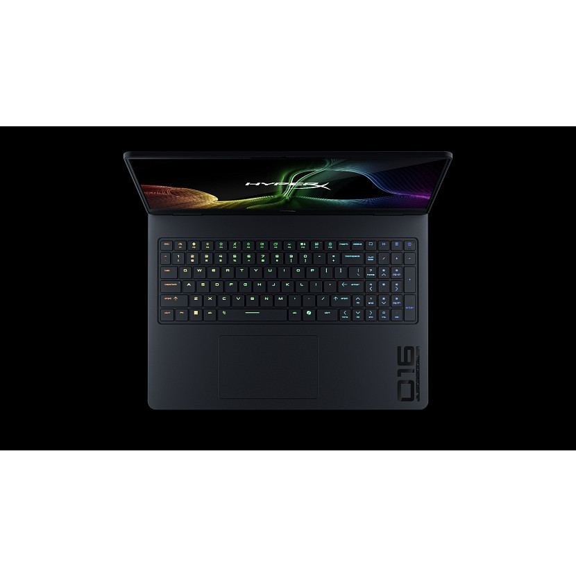 Widok z góry na czarny laptop z podświetlaną klawiaturą i logo Omen po prawej stronie.