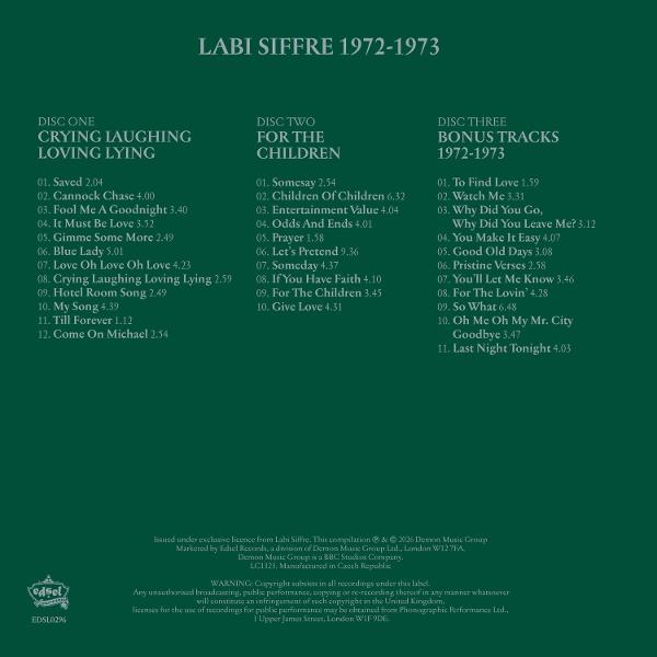 Grüne Rückseite eines Musikalbums mit Tracklists für drei Discs von Labi Siffre.