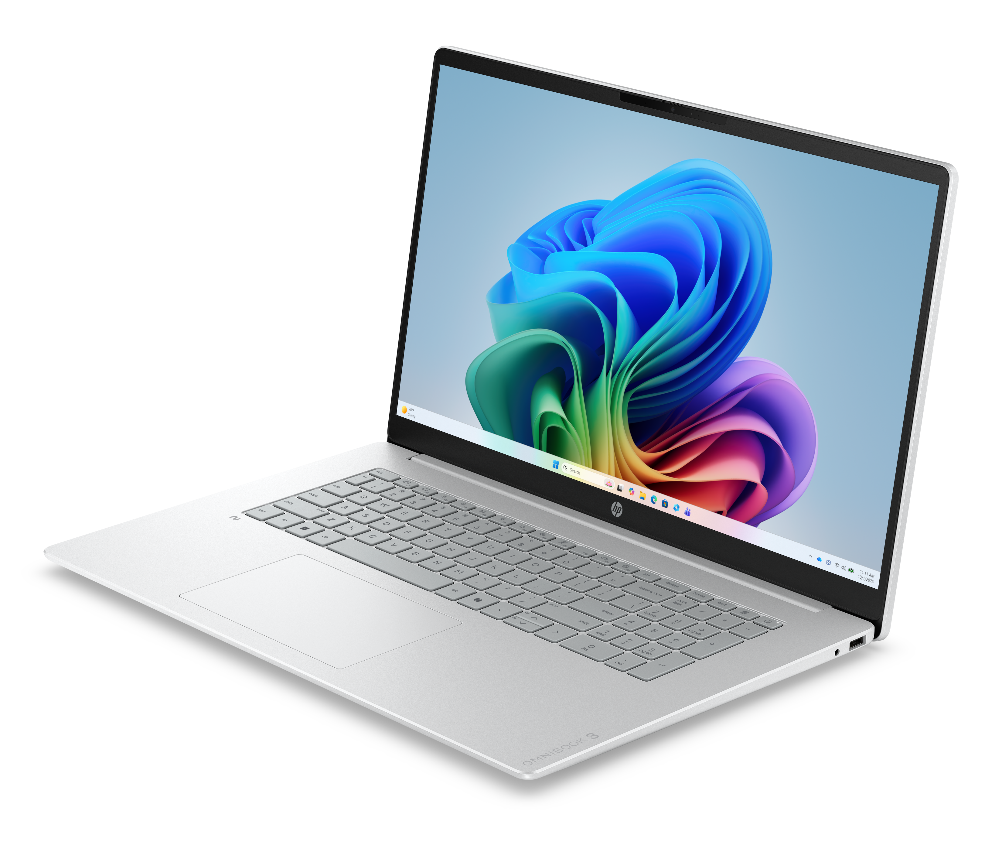 Ein silberner Laptop mit geöffnetem Bildschirm zeigt ein buntes abstraktes Hintergrundbild vor weißem Hintergrund.