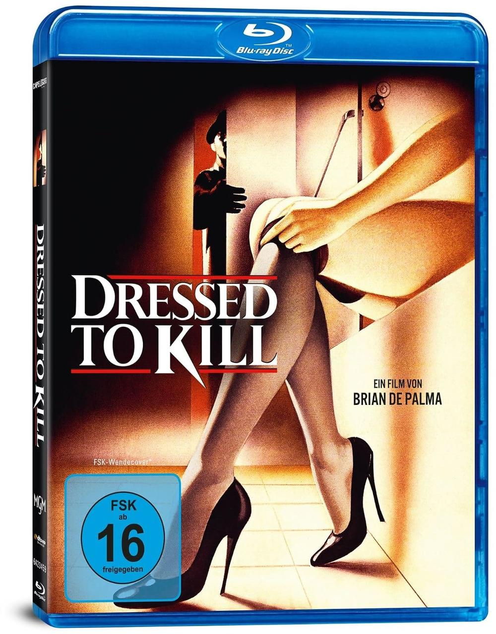 Blu-ray-Hülle des Films Dressed to Kill mit Frau in schwarzen High Heels und einer Schattenfigur im Hintergrund.