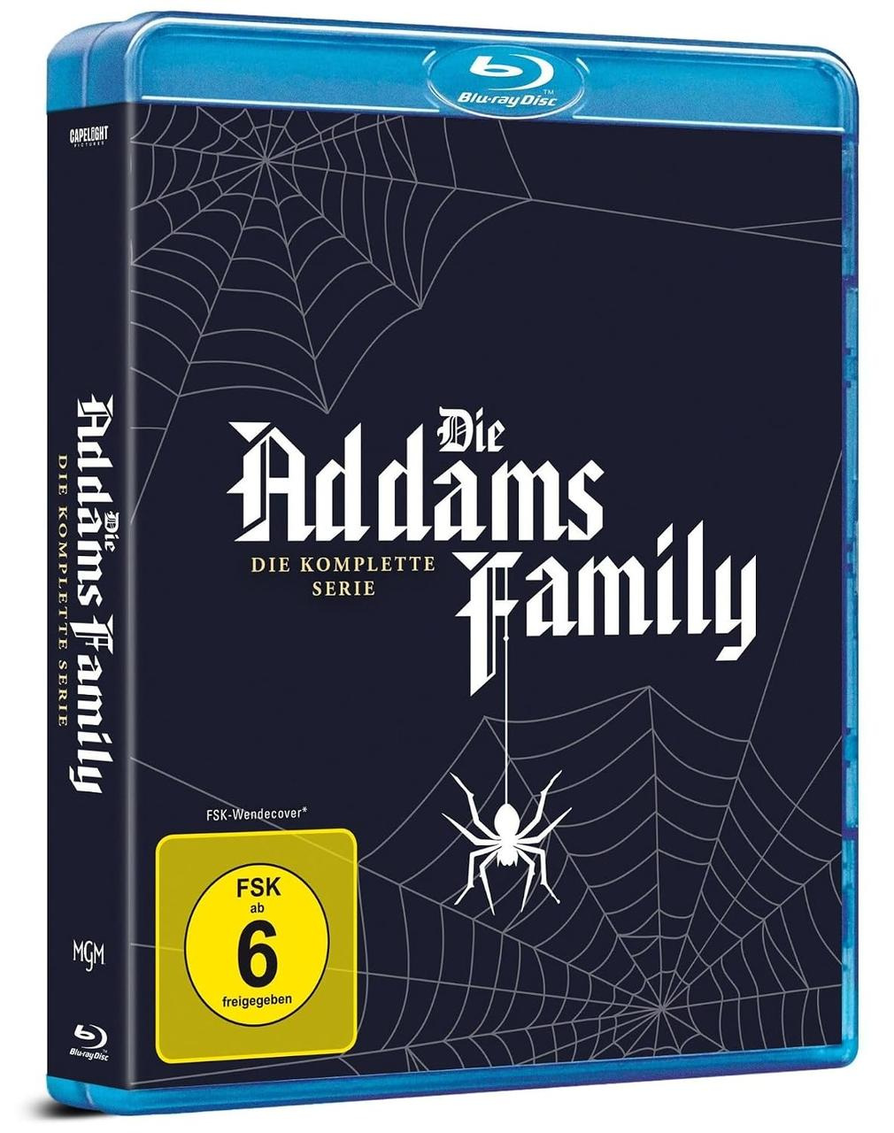 Blu-ray-Hülle von Die Addams Family Komplettserie mit Spinne und Netz auf dunkelblauem Grund.