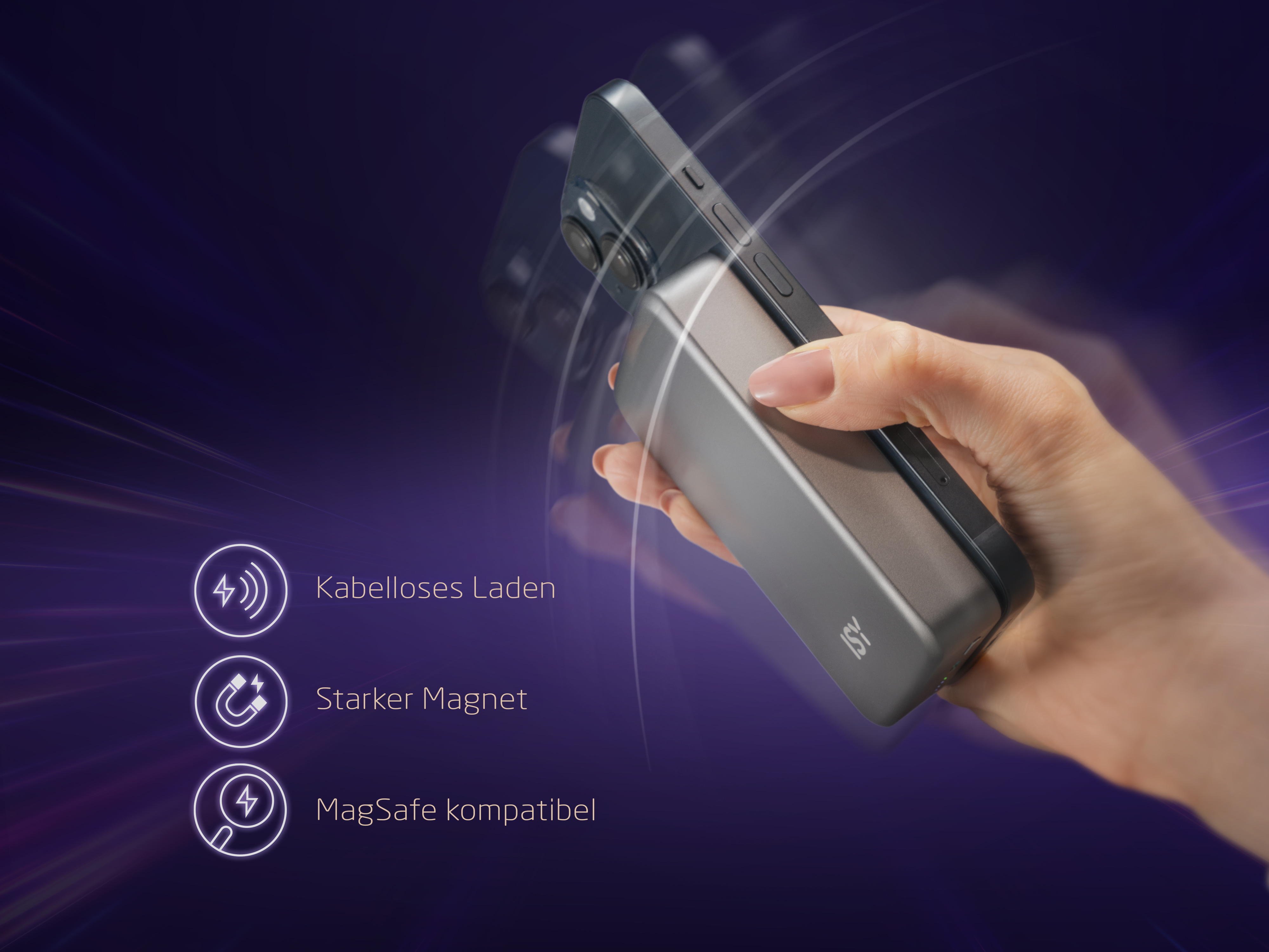 Hand hält eine silberne Powerbank magnetisch am Smartphone, mit Symbolen für kabelloses Laden.