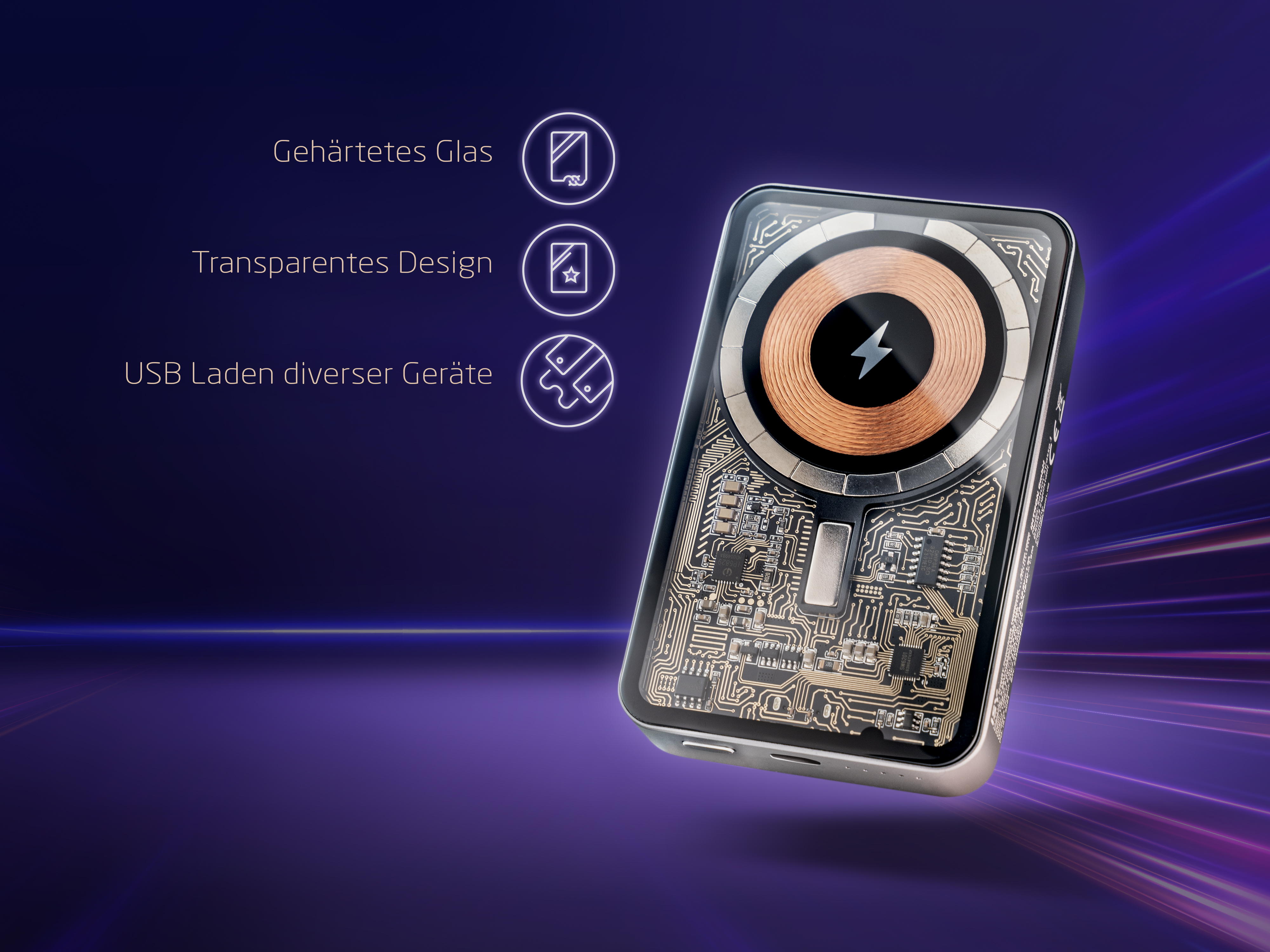 Transparente Powerbank mit Kupferspule und elektronischen Schaltkreisen auf violettem Hintergrund mit drei Produktmerkmalen.