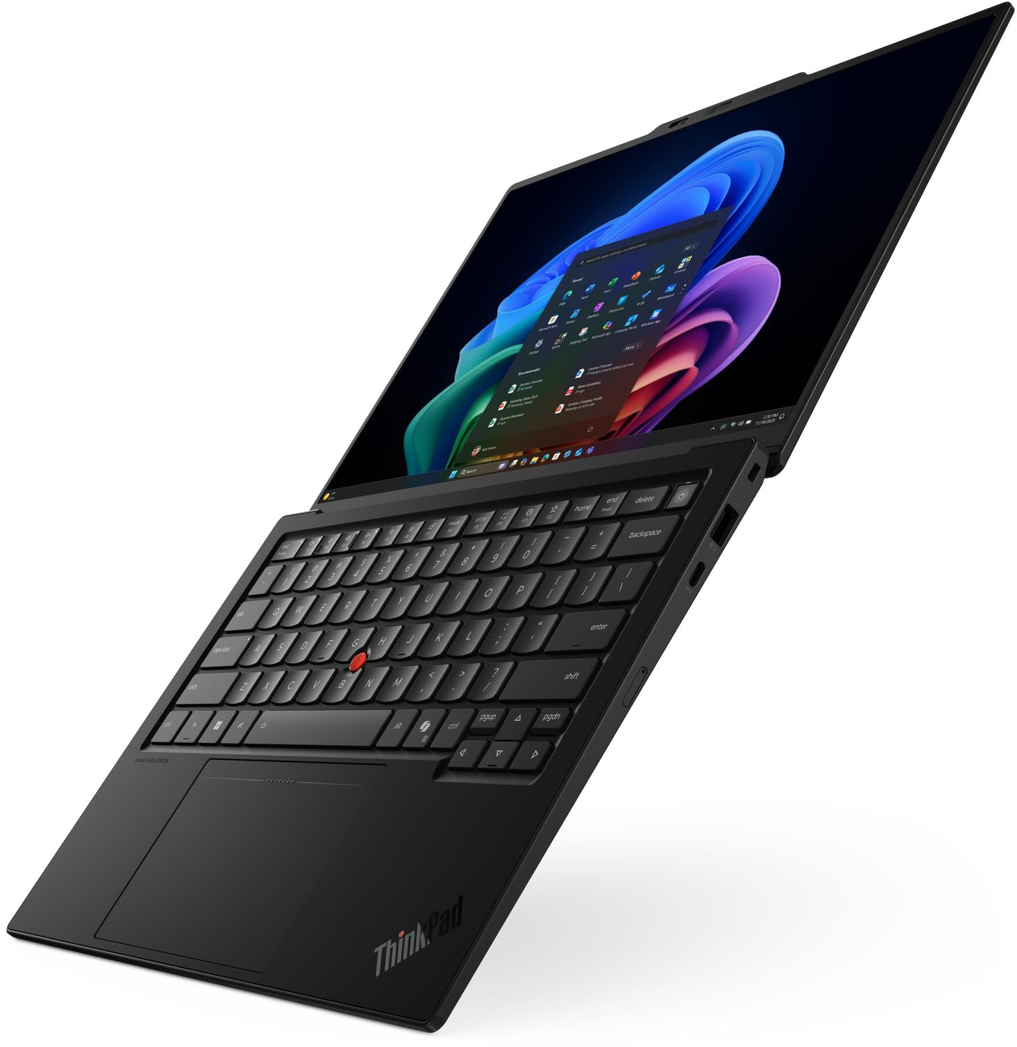 Egy fekete ThinkPad laptop nyitott képernyővel, kék és lila absztrakt háttérképpel.