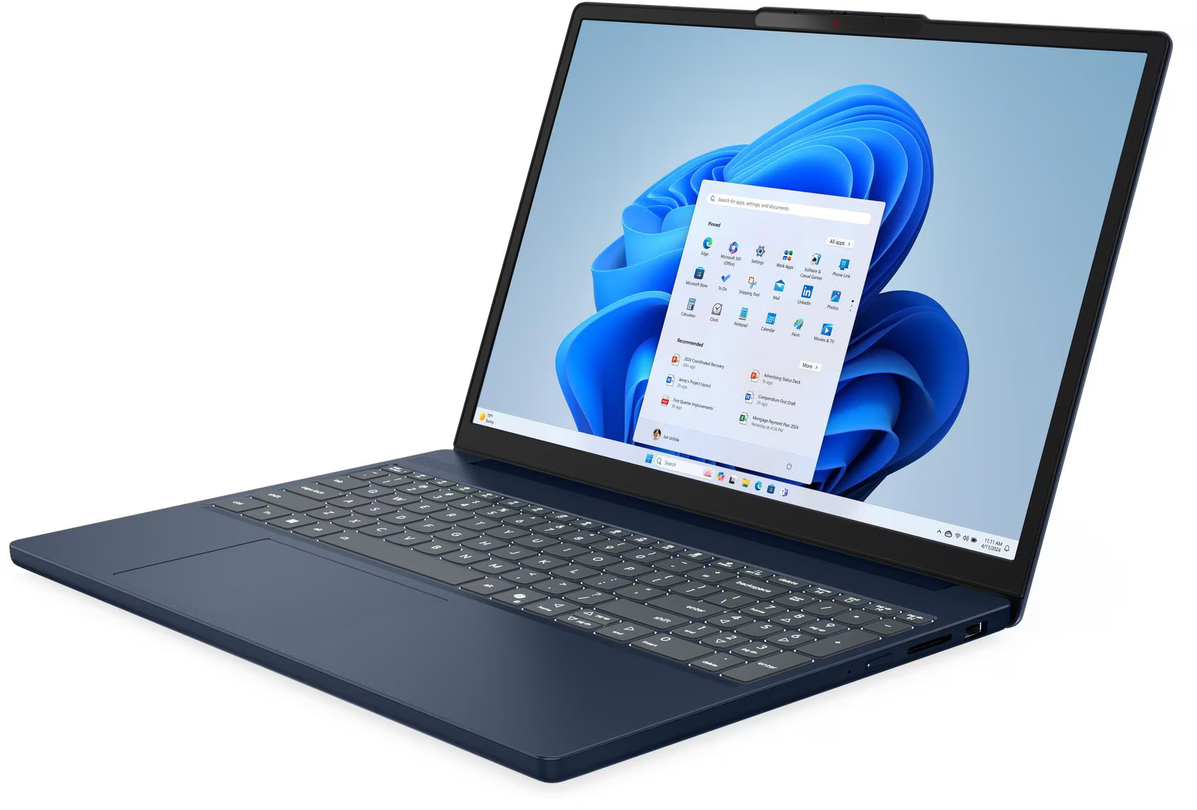 Egy kék laptop a Windows 11 start menüjével és kék háttérrel.