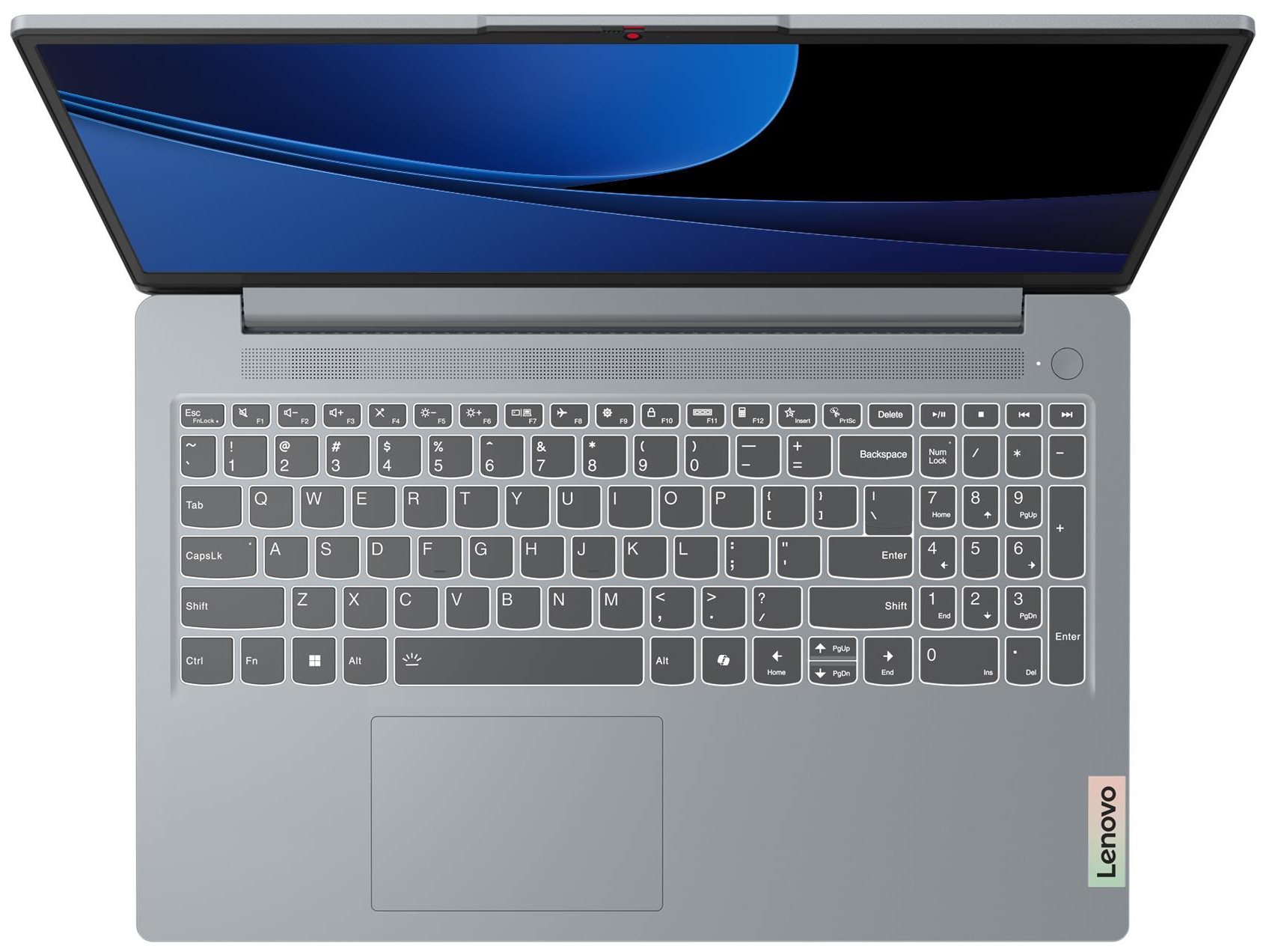 Szürke Lenovo laptop nyitott képernyővel, kék absztrakt grafikával, megvilágított billentyűzettel és érintőpaddal.