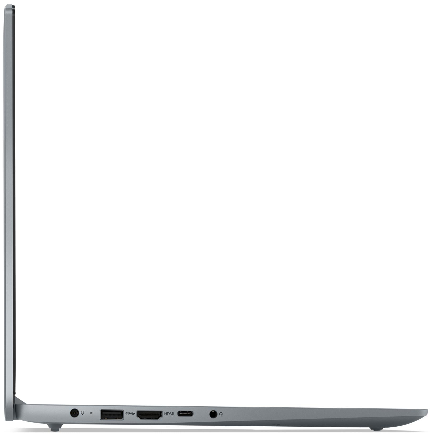 Egy ezüst laptop bal oldali profilja portokkal fehér háttér előtt.