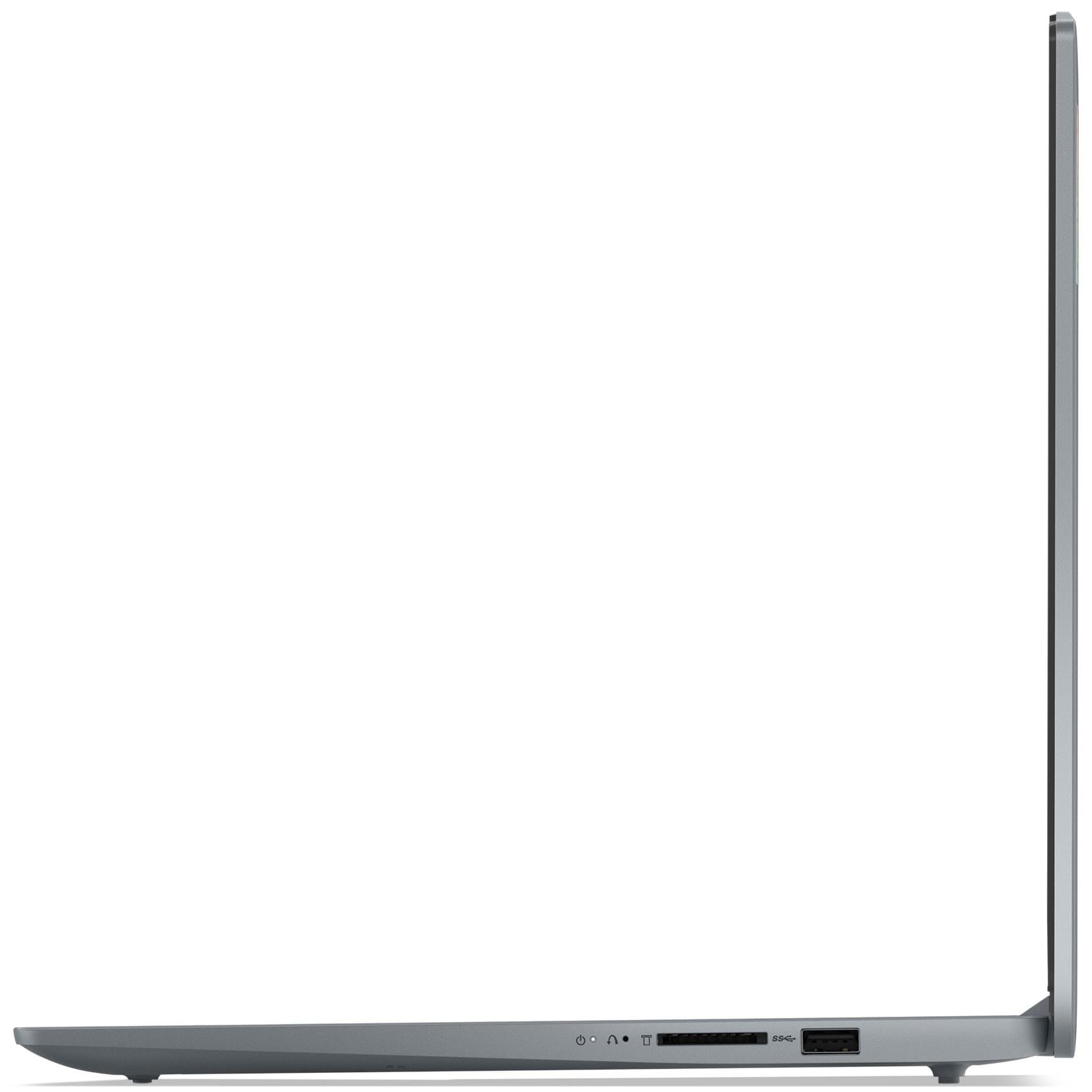 Egy szürke laptop oldalsó nézete, amelyen portok és egy SD-kártyaolvasó látható fehér alapon.