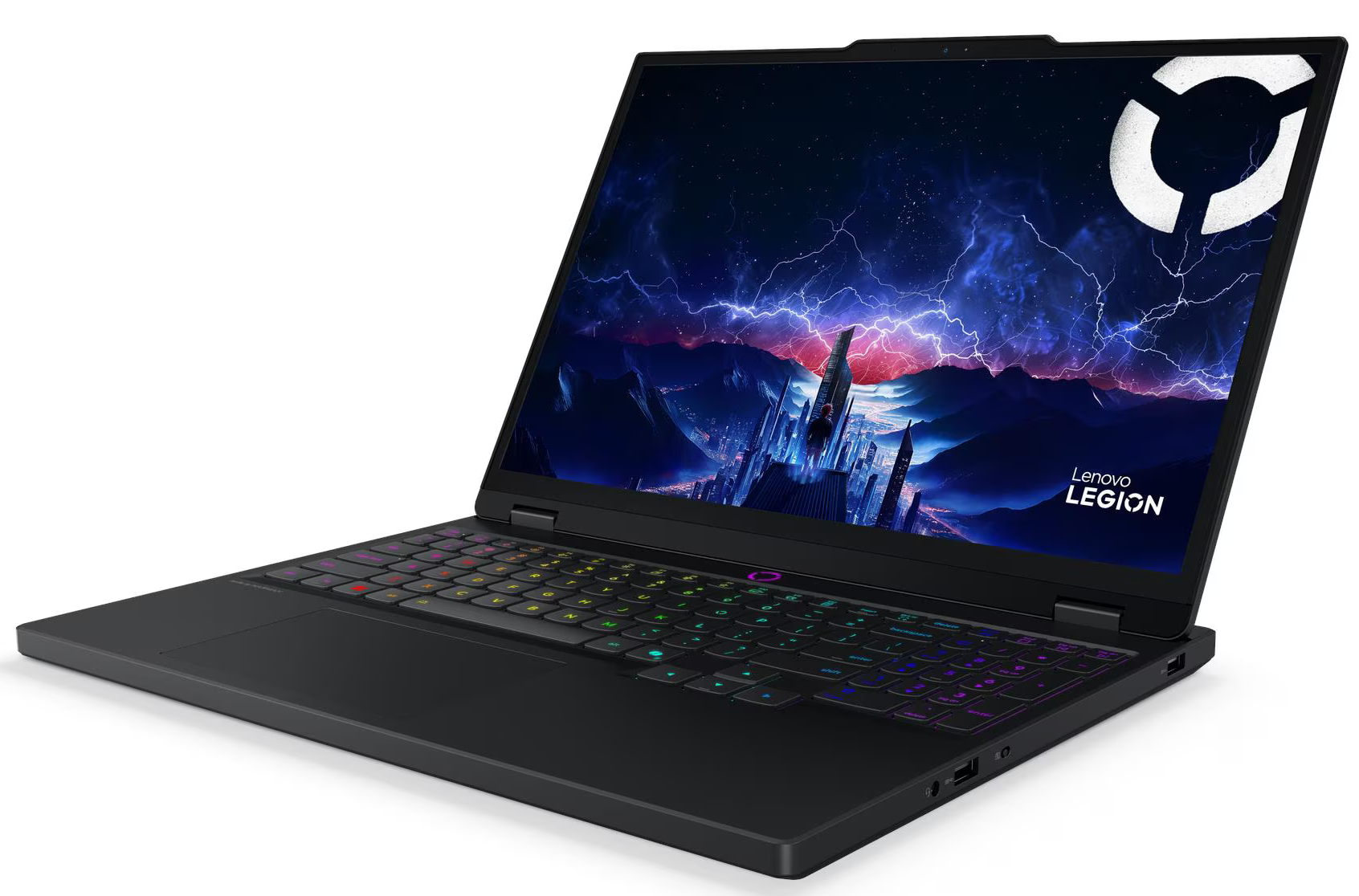 Fekete Lenovo Legion gamer laptop fehér háttérrel, RGB háttérvilágítású billentyűzettel.