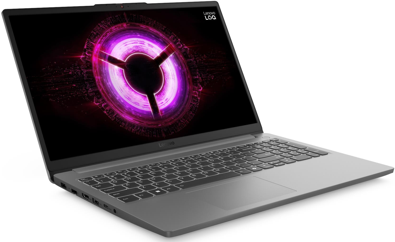 Egy szürke Lenovo LOQ laptop kivilágított képernyővel, rózsaszín neon mintával, fehér háttér előtt.