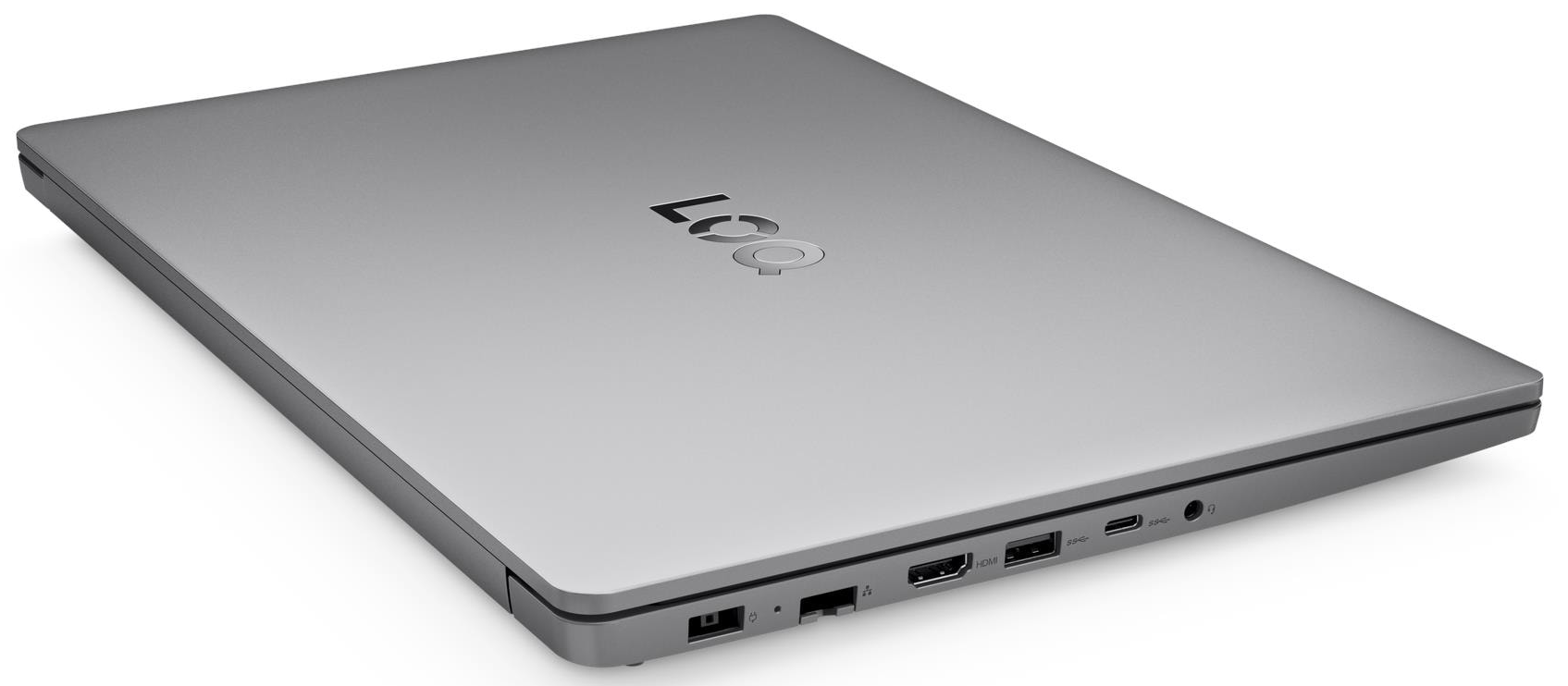 Zárt szürke laptop fehér háttéren, a hátoldalon látható csatlakozókkal.