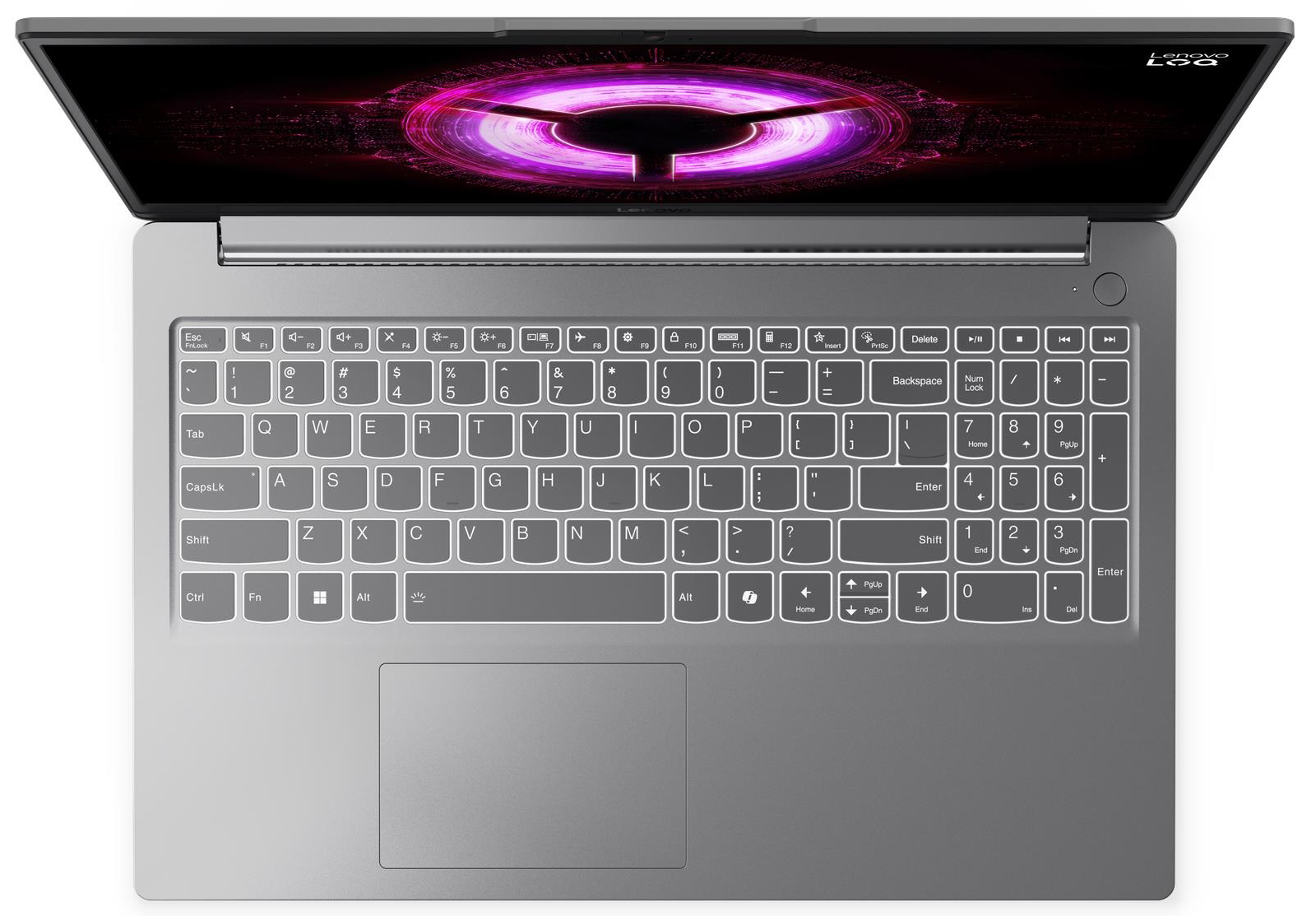Szürke Lenovo laptop felülnézetből, háttérvilágítású billentyűzettel és lila örvény mintás képernyővel.