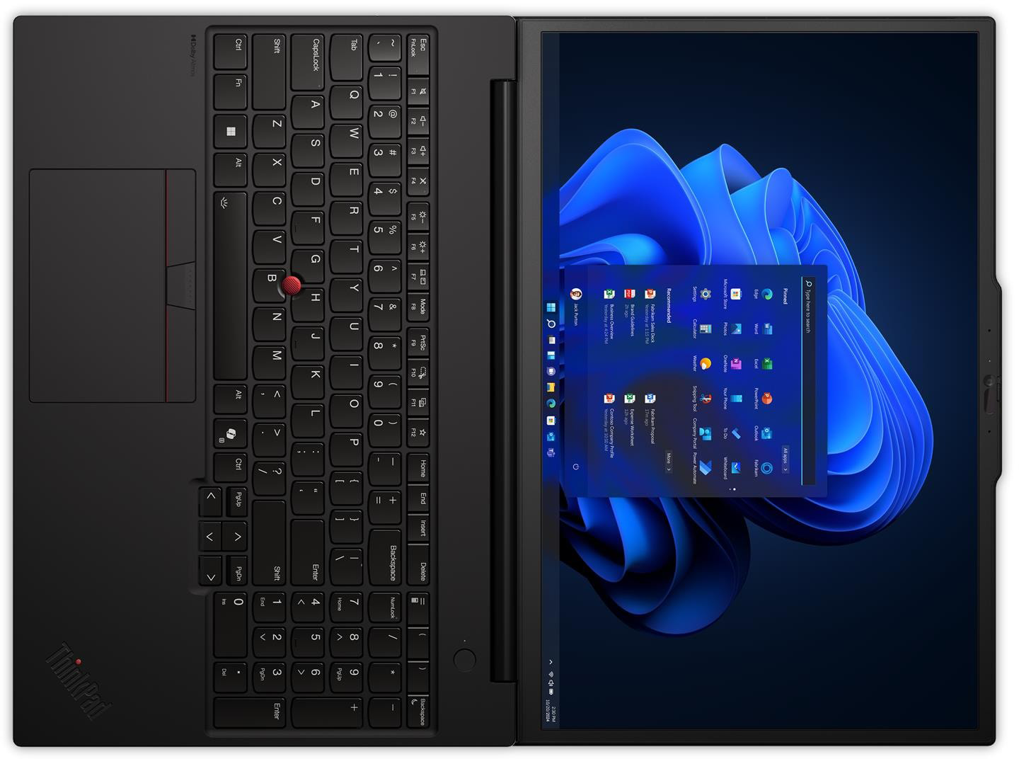 Egy fekete laptop nyitott képernyőjén kék absztrakt Windows háttérkép látható.
