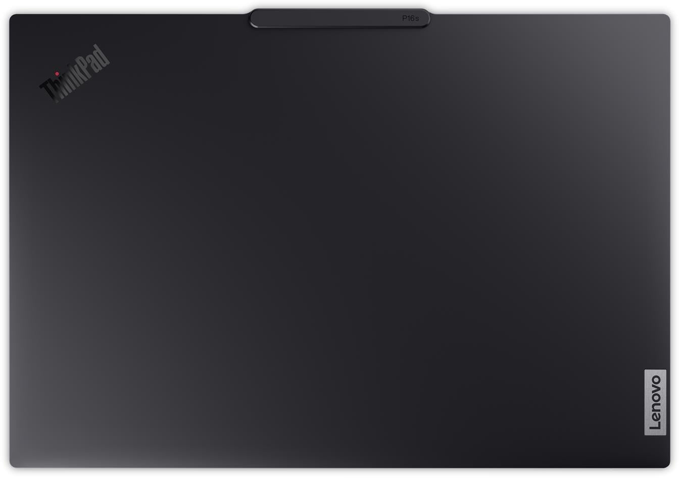 Zárt fekete Lenovo ThinkPad P16s laptop felülről nézve, logóval.