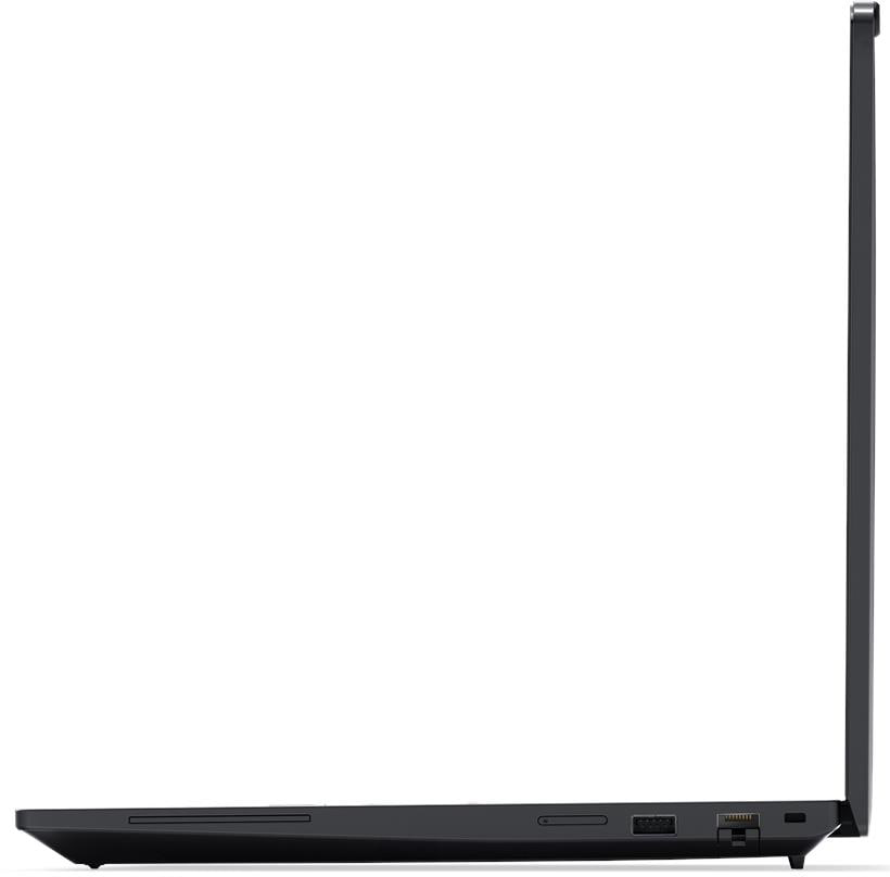 Fekete laptop oldalsnézete látható portokkal és nyitott képernyővel fehér háttéren.